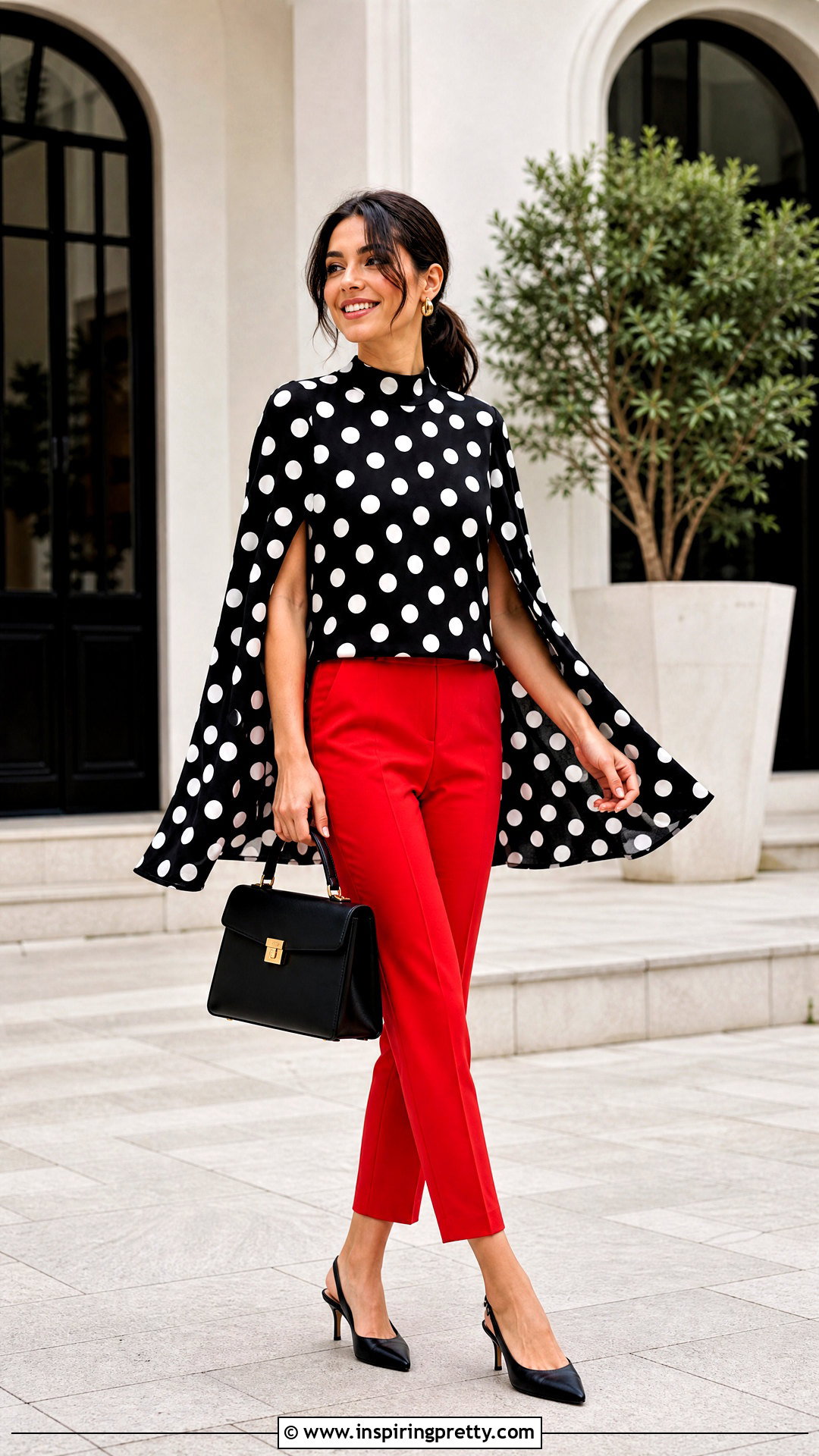Polka Dot Cape Top With Red Pants - 50 cape top outfits