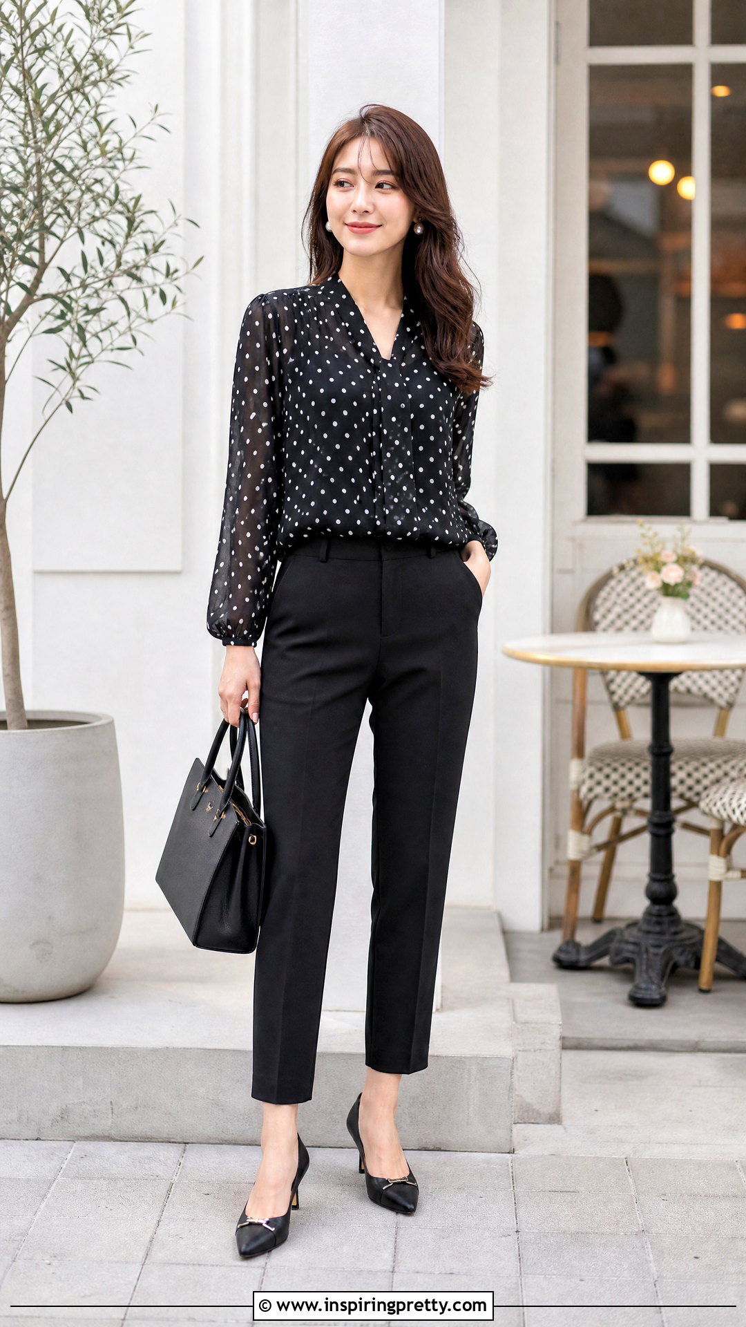 Polka Dot Chiffon Blouse With Black Ankle Pants - 50 chiffon tops blouses classy outfits