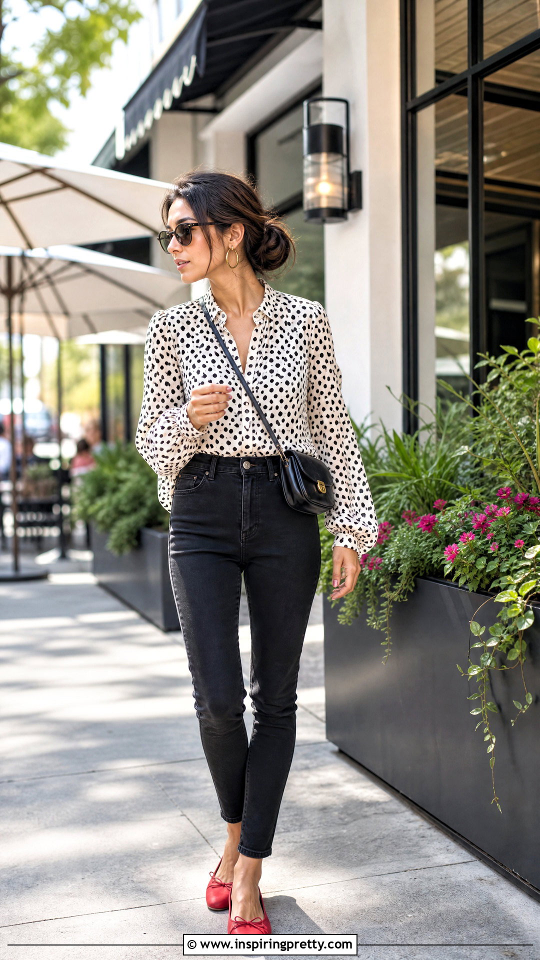 Polka Dot Chiffon Top With Black Jeans - 50 chiffon tops outfit ideas