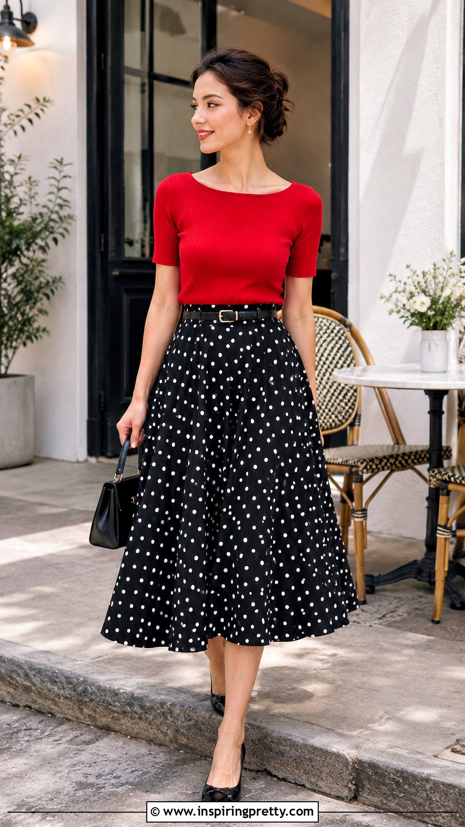 Polka Dot Flare Skirt And Red Top Outfit - 50 flay skirt and top outfit ideas