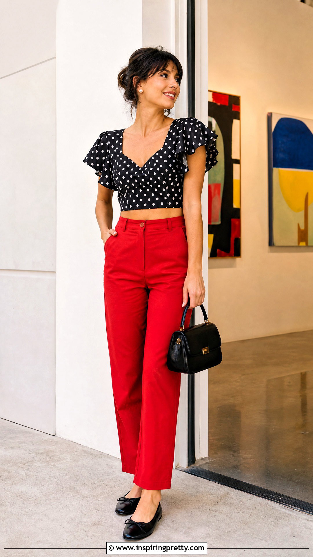 Polka Dot Flutter Sleeve Crop Top With Red Pants - 25 Flutter Sleeve Crop Top outfit ideas