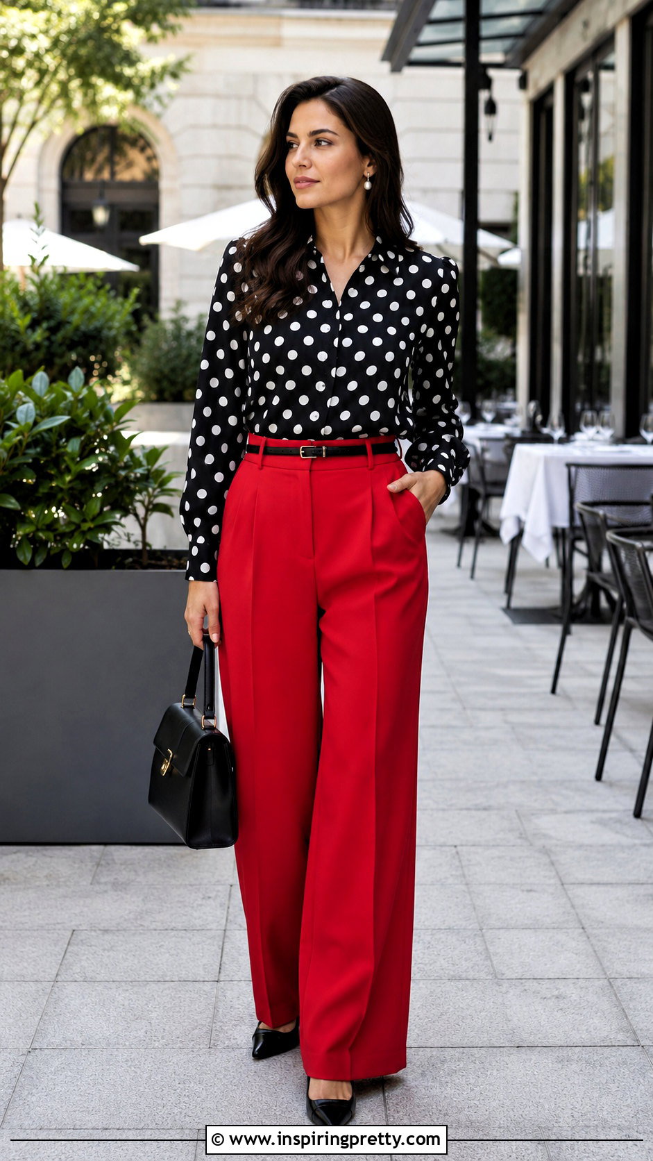Polka Dot Full Sleeve Blouse With Red Pants - 50 full sleeves top outfit ideas