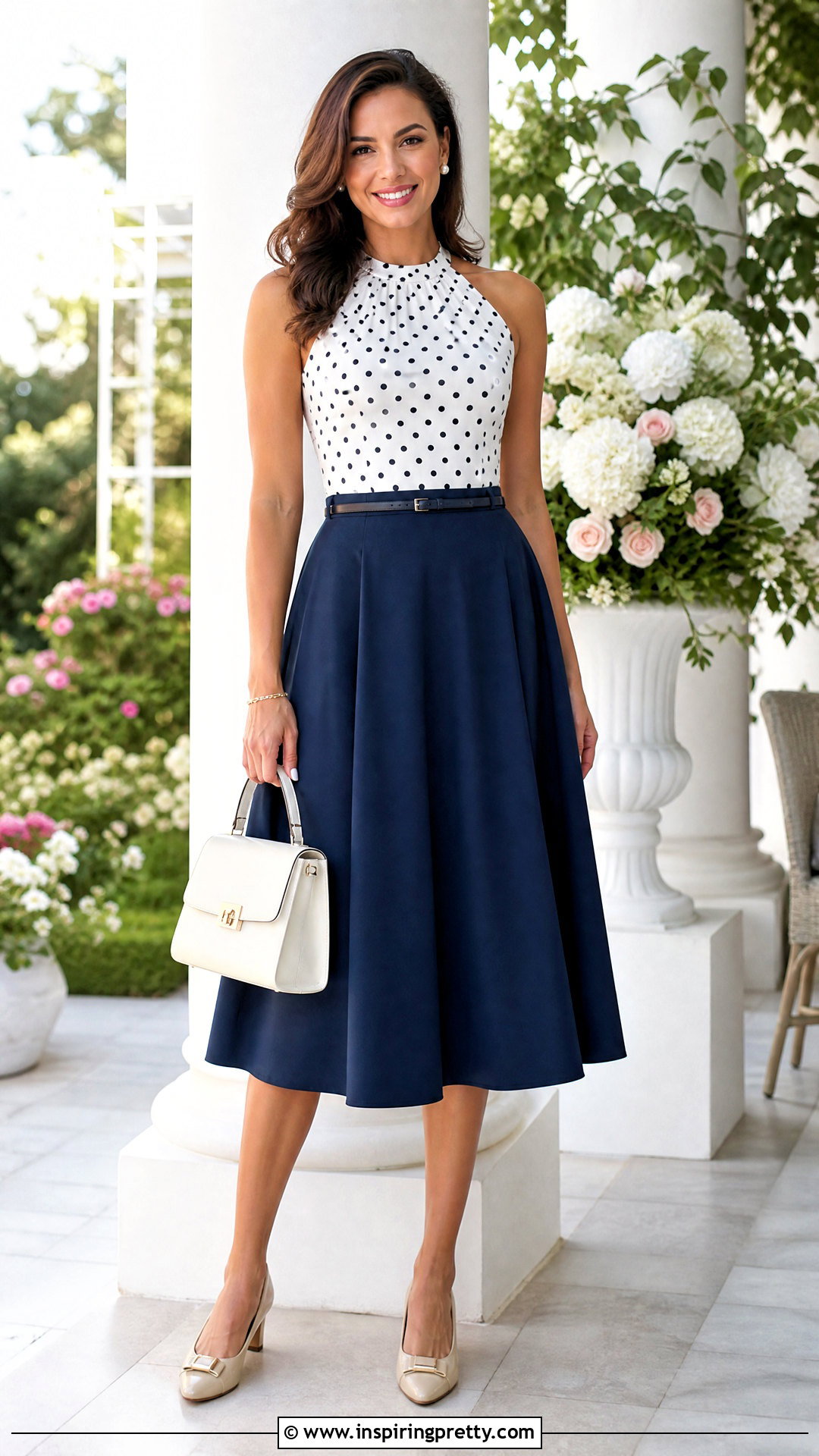 Polka Dot Halter Top With A Line Midi Skirt - 50 polka dot halter top outfit ideas