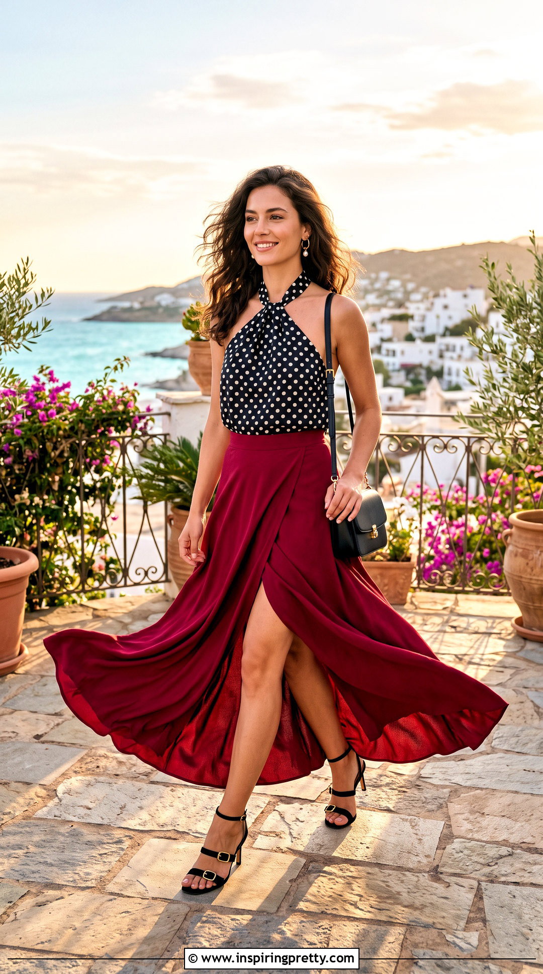 Polka Dot Halter Top With Front Slit Maxi Skirt - 50 polka dot halter top outfit ideas