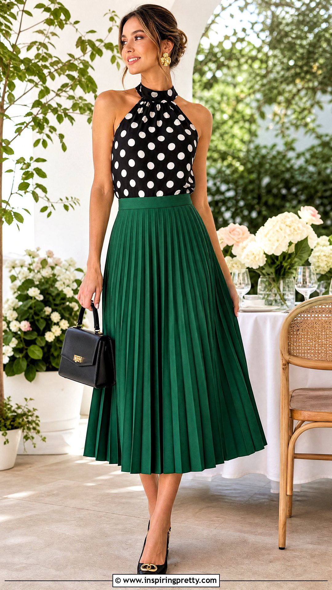 Polka Dot Halter Top With Green Midi Skirt - 50 polka dot halter top outfit ideas