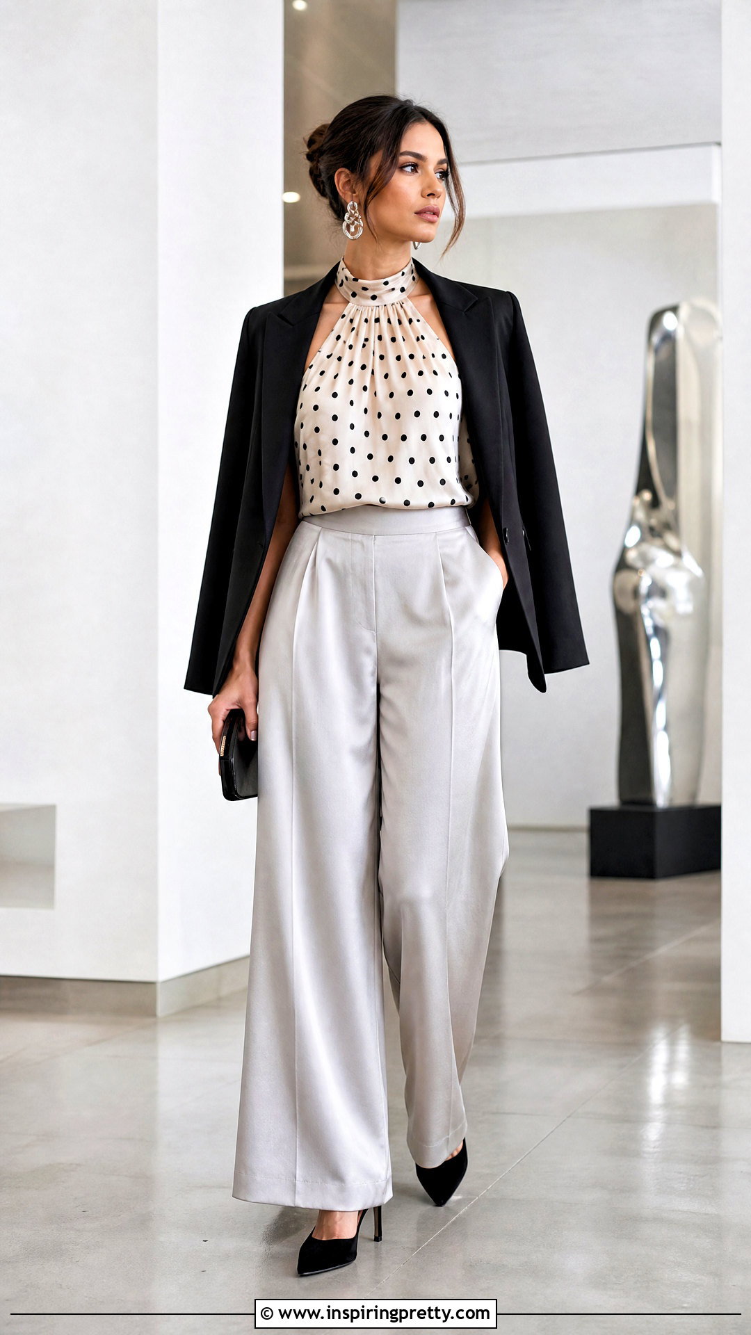 Polka Dot Halter Top With Metallic Pants - 50 polka dot halter top outfit ideas