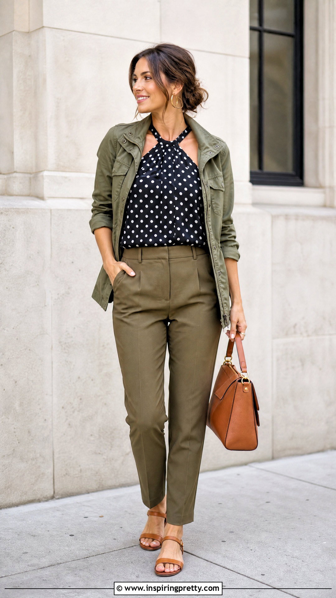 Polka Dot Halter Top With Olive Green Pants - 50 polka dot halter top outfit ideas