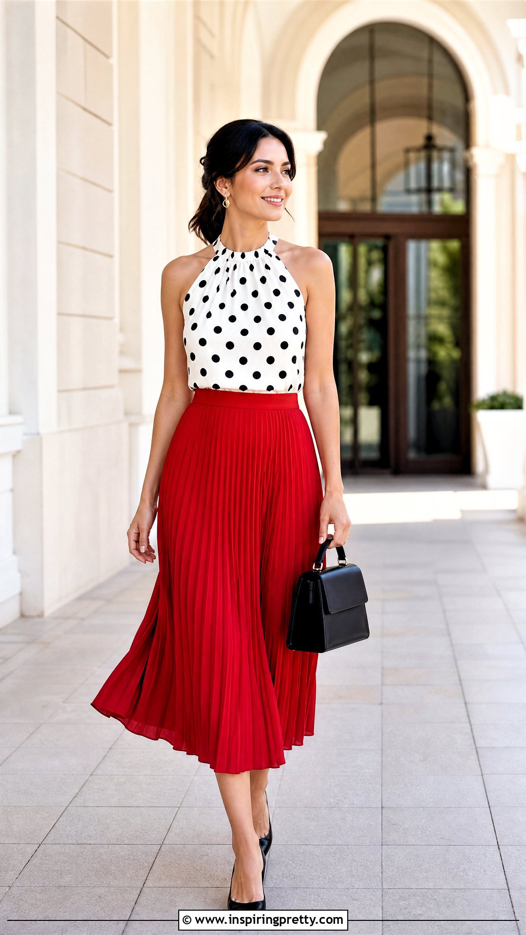Polka Dot Halter Top With Pleated Midi Skirt - 50 polka dot halter top outfit ideas