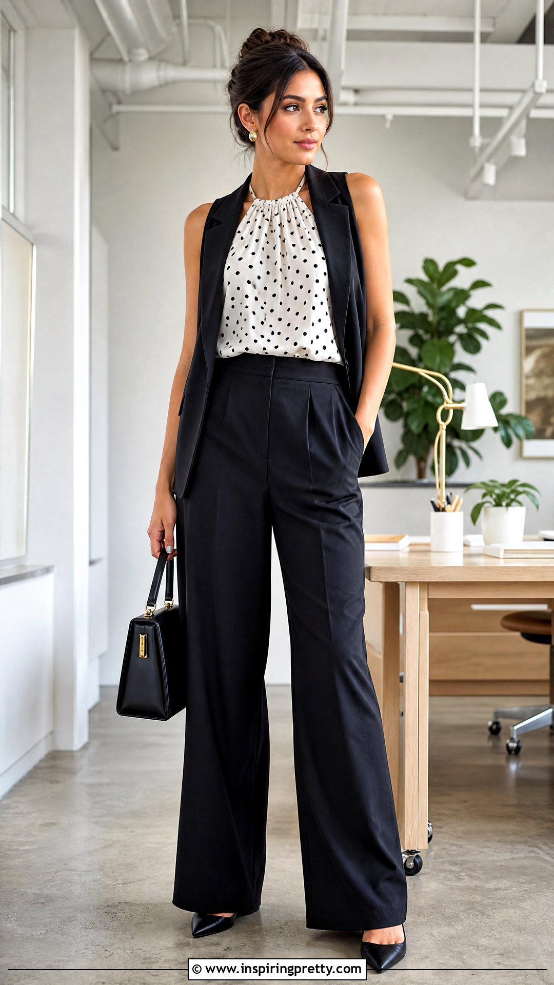 Polka Dot Halter Top With Tailored Vest And Trousers - 50 polka dot halter top outfit ideas
