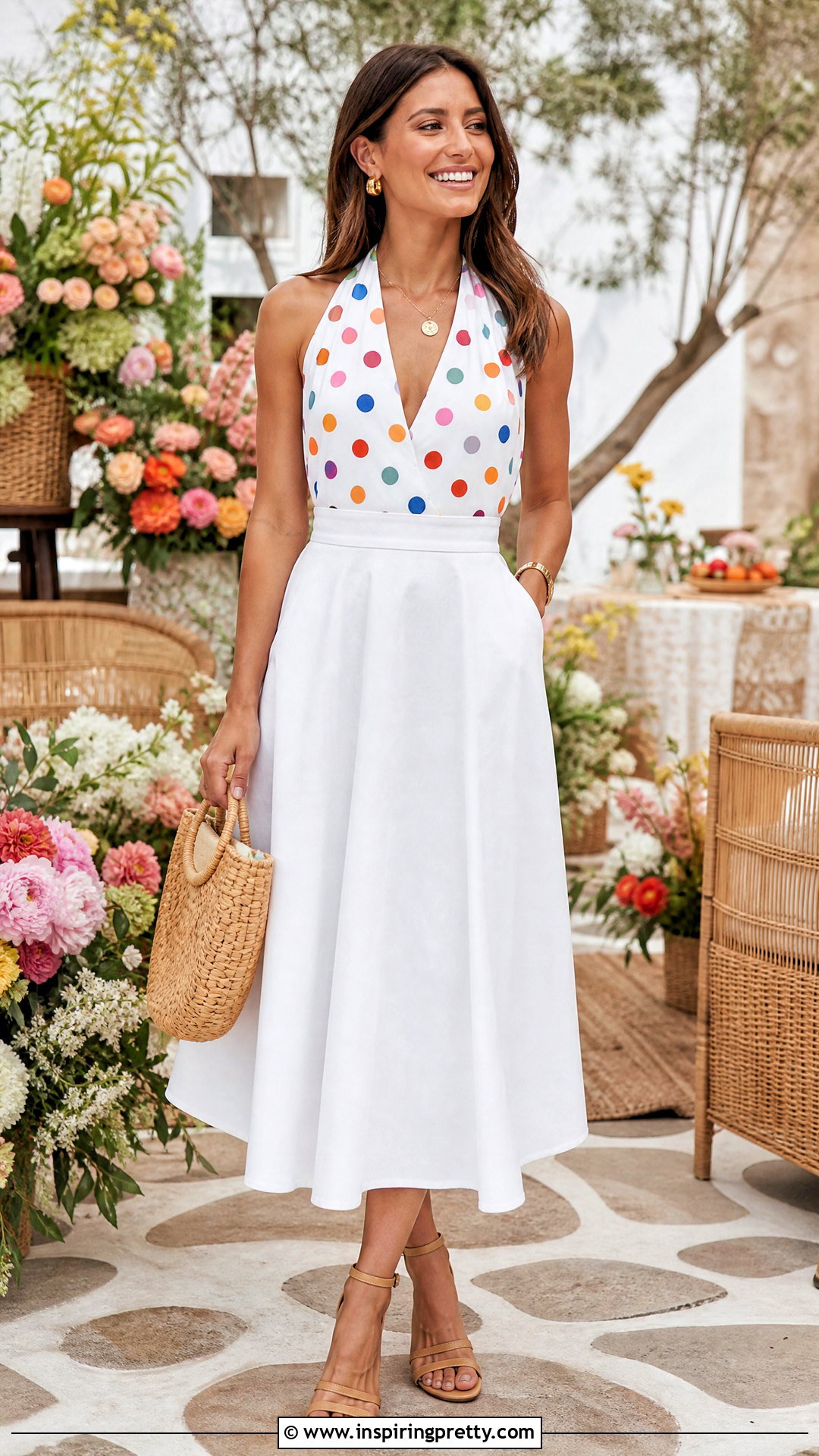 Polka Dot Halter Top With White Midi Skirt - 50 polka dot halter top outfit ideas