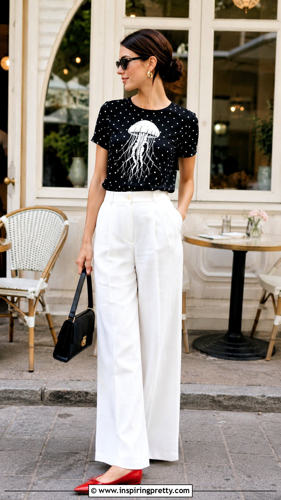 Polka Dot Jellyfish Top With White Pants - 50 jellyfish top outfit ideas