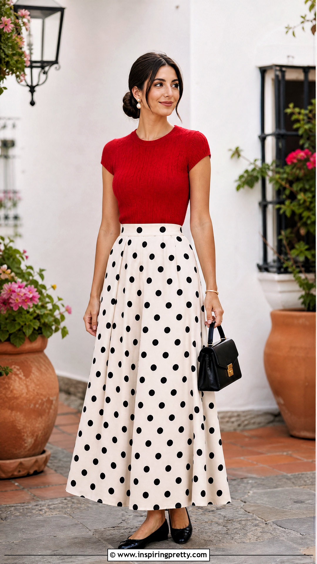 Polka Dot Long Skirt With Red Knit Top - 50 long skirt and top outfit ideas