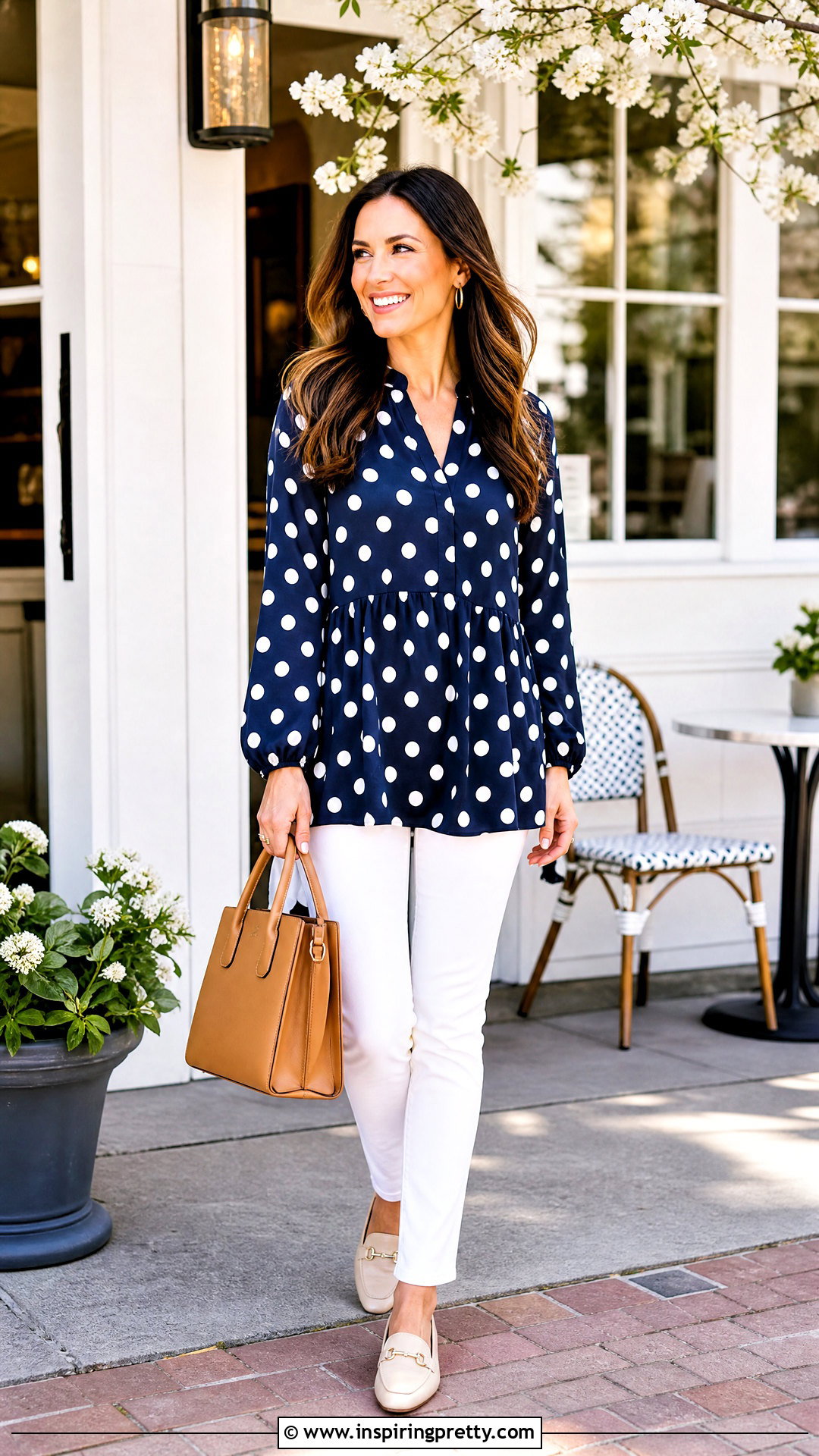 Polka Dot Long Top With White Jeans - 50 long tops designs