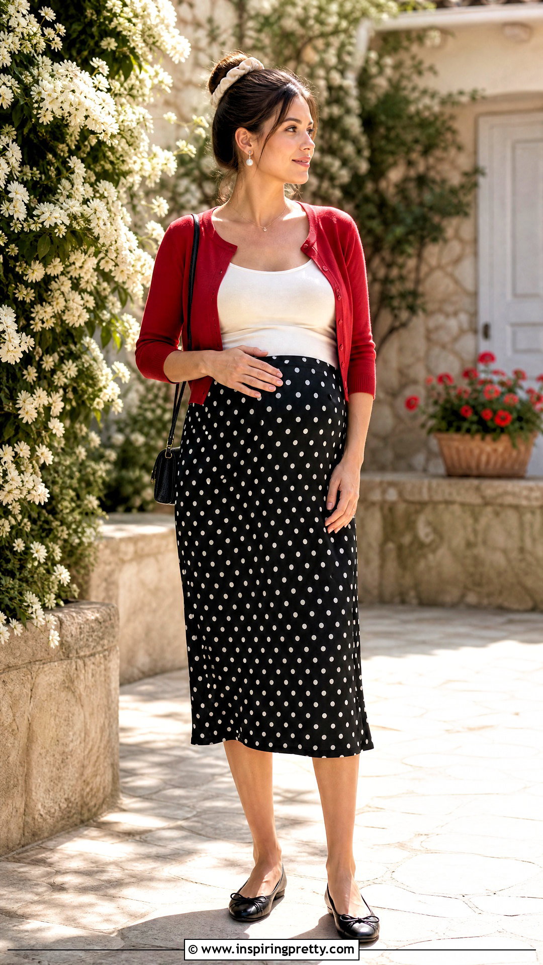 Polka Dot Maternity Midi Skirt And Cropped Cardigan Outfit - 20 maternity skirt and crop top outfit ideas