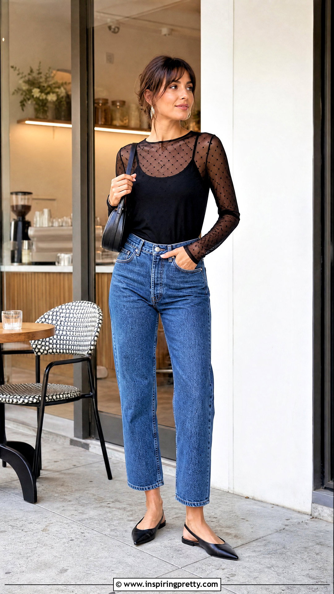 Polka Dot Mesh Long Sleeve Top With Cropped Jeans - 50 mesh long sleeve top outfit ideas