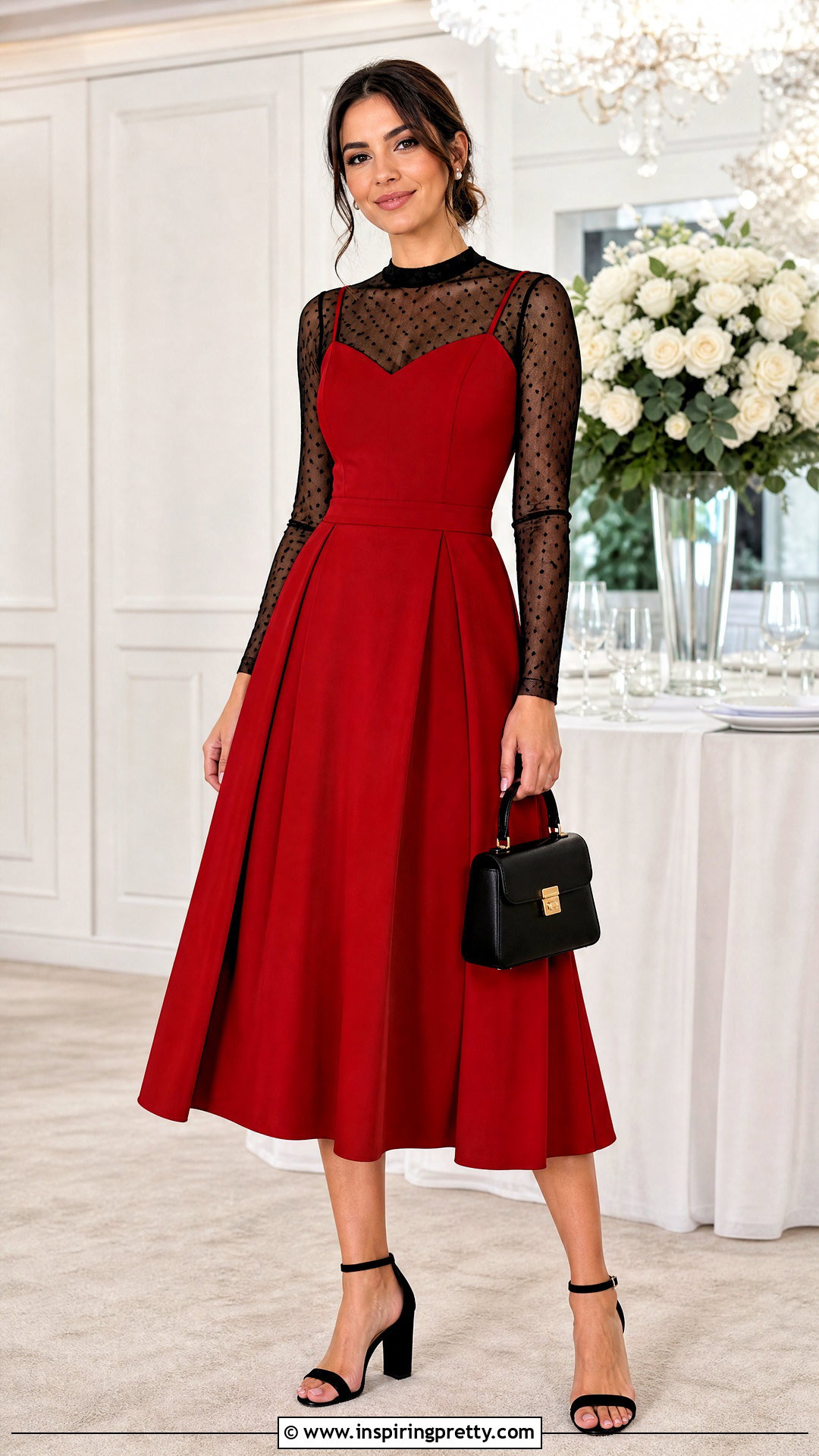 Polka Dot Mesh Top Under Red Dress - 25 Long Sleeve Mesh Top Under Dress outfit ideas