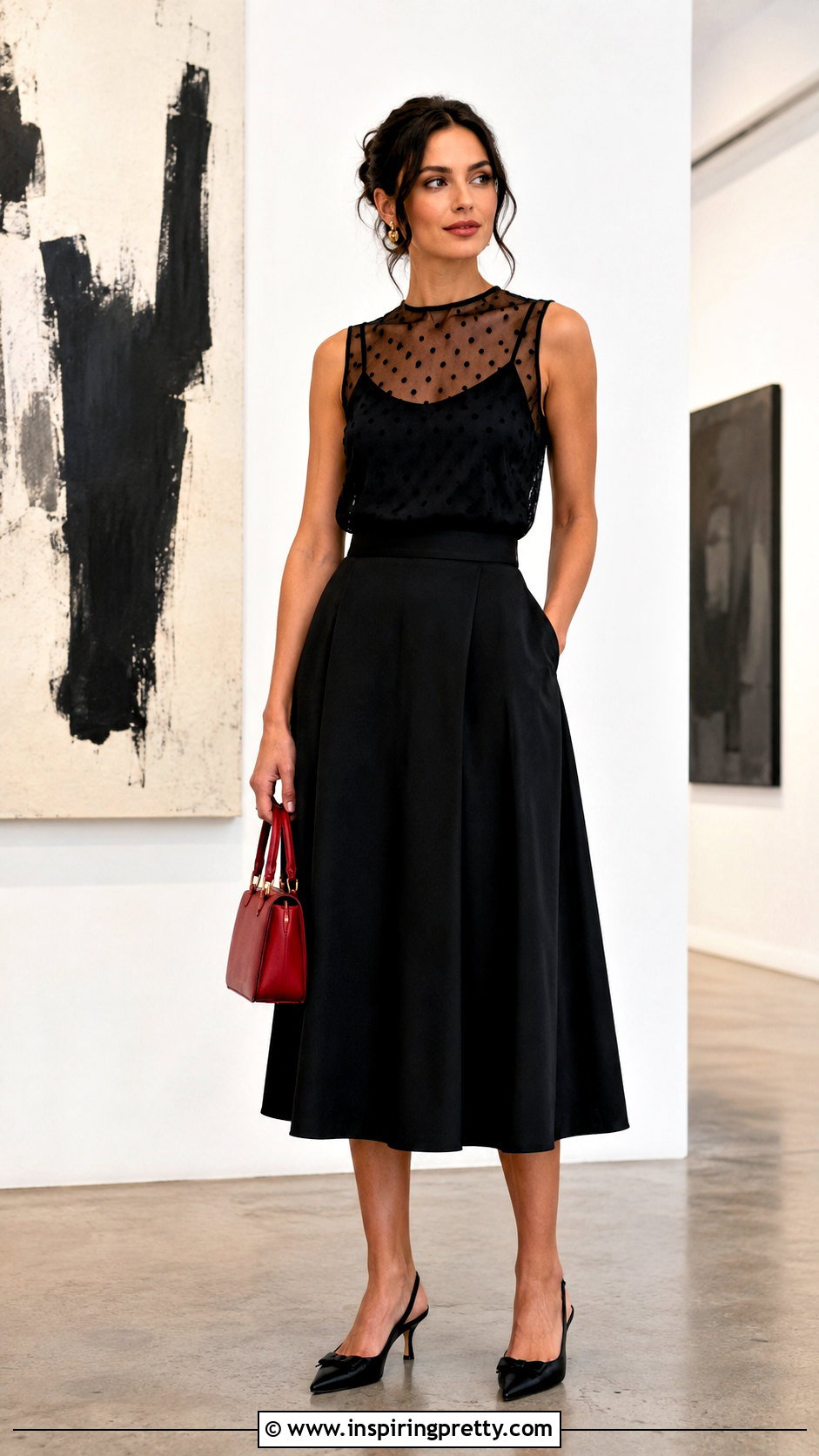 Polka Dot Mesh Top With Black Midi Skirt - 50 shein tops codes