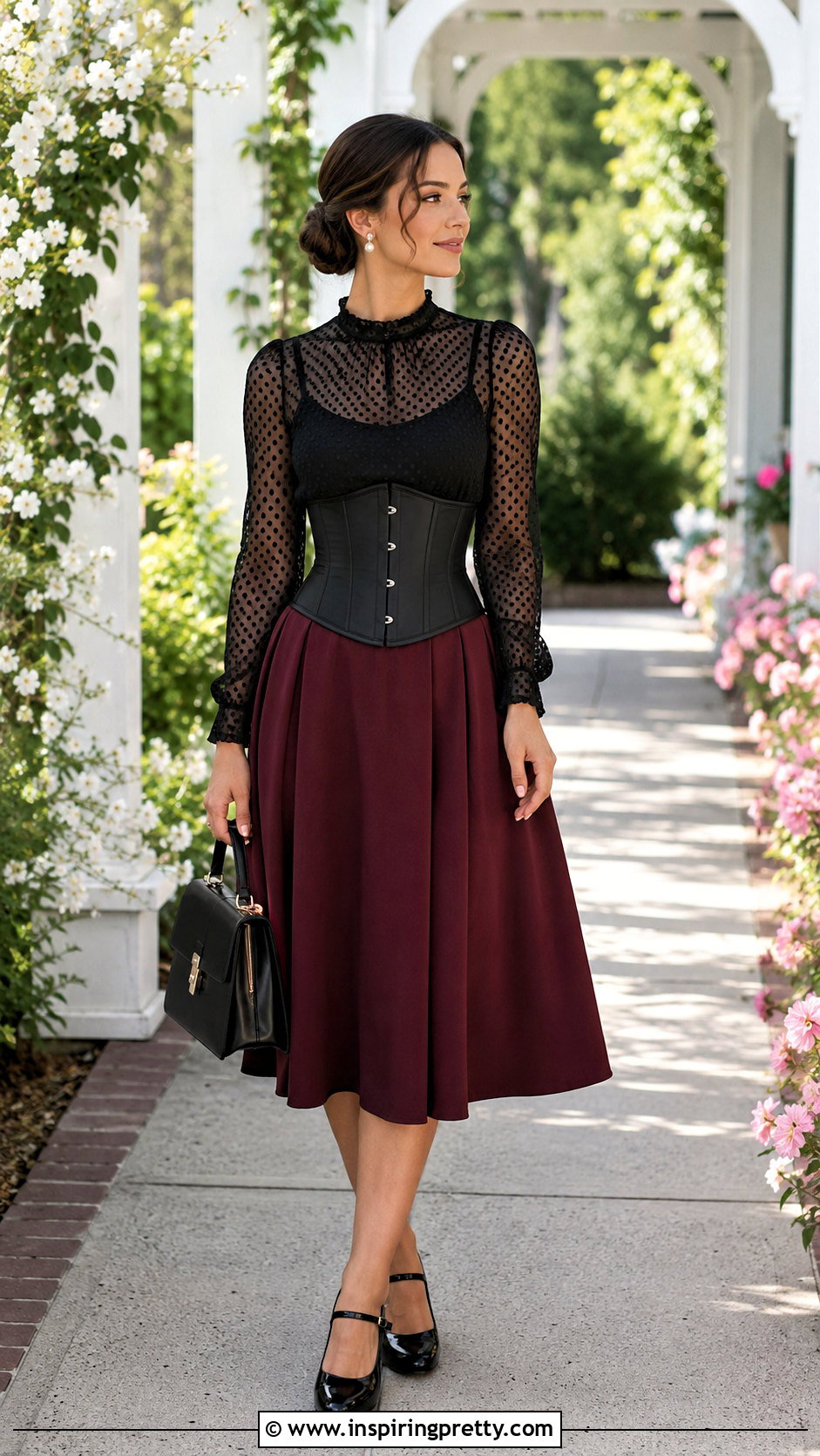 Polka Dot Mesh Top With Corset And A Line Skirt - 20 mesh top corset outfit ideas