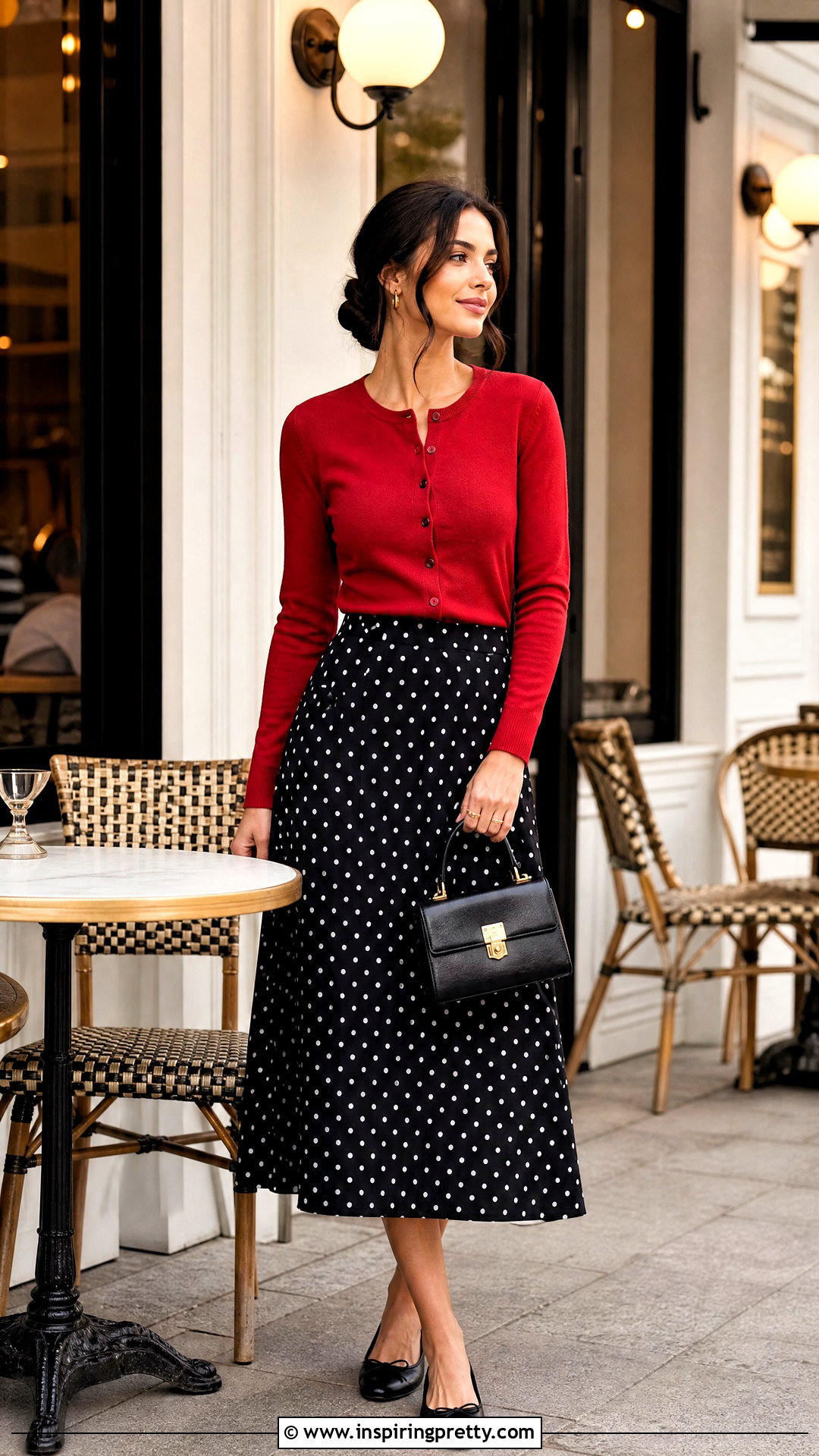 Polka Dot Midi Skirt And Red Cardigan - 50 skirt and top styles