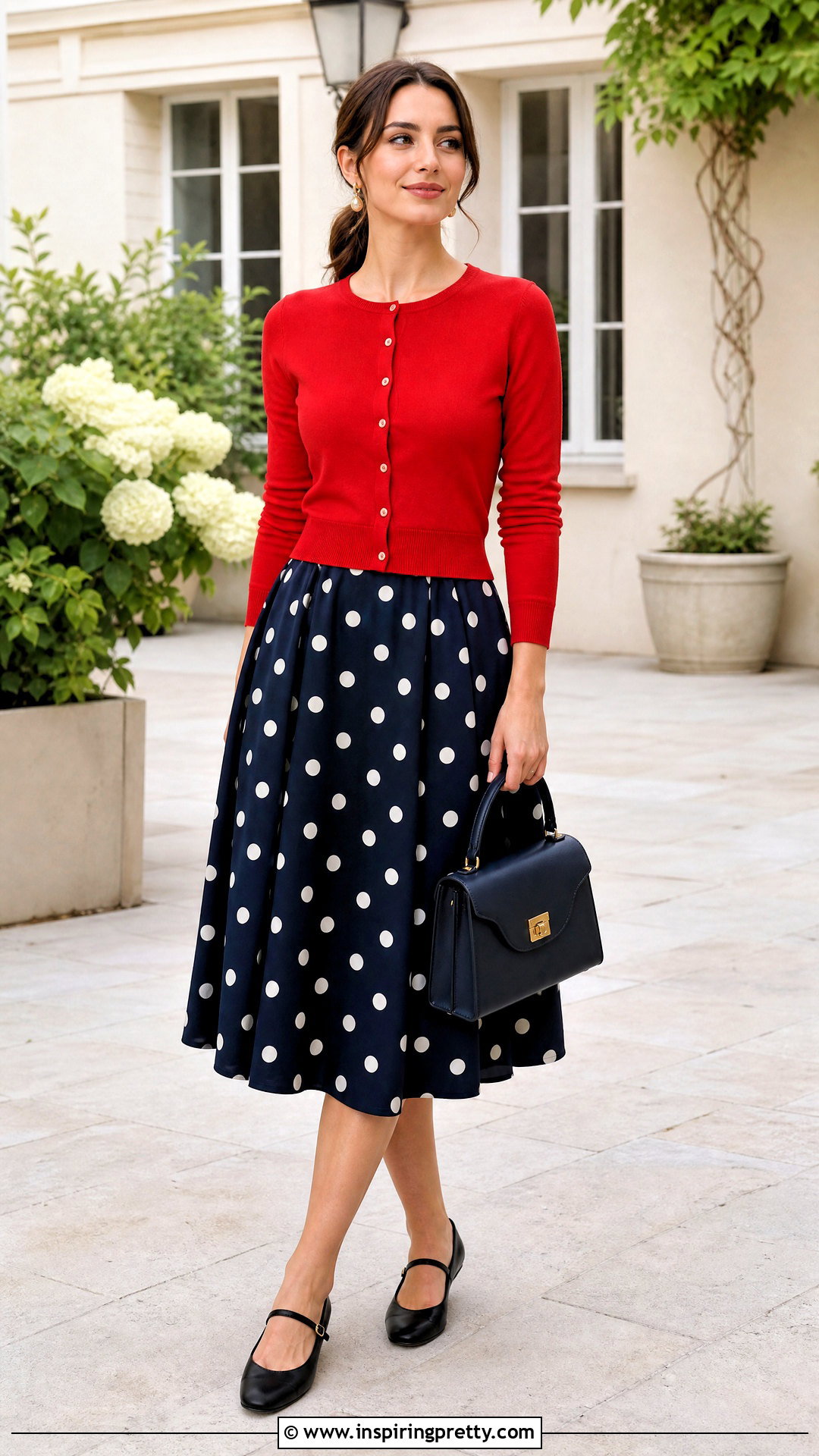 Polka Dot Midi Skirt With Cardigan And Mary Jane Shoes - 50 top skirt outfit ideas