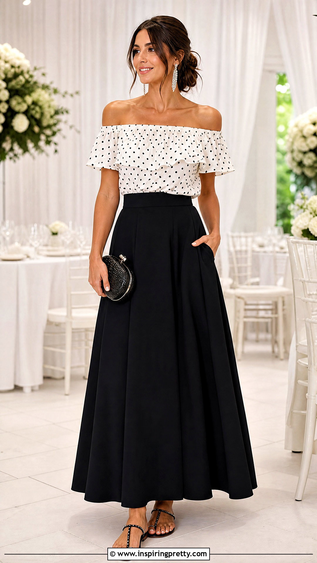 Polka Dot Off Shoulder Top With Maxi Skirt - 50 polka dots top outfit ideas