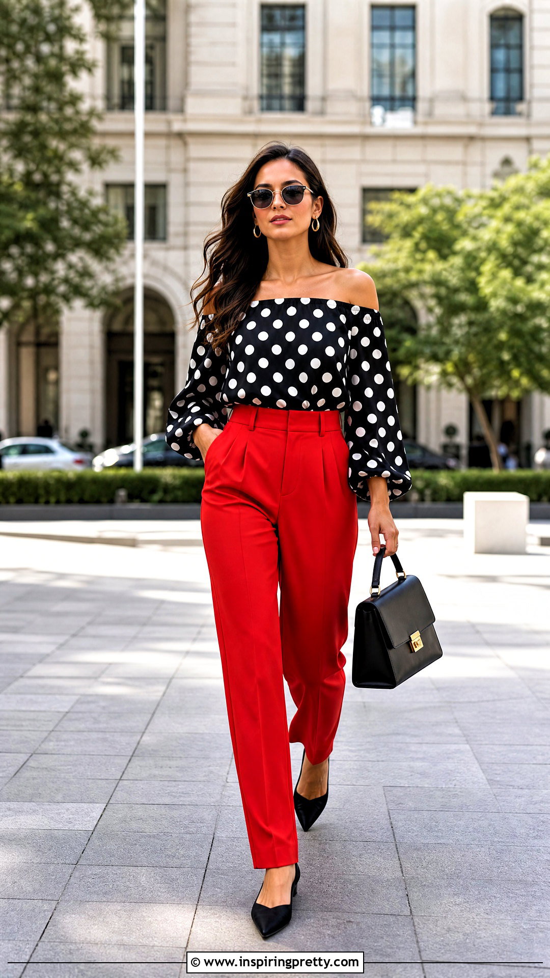 Polka Dot Off Shoulder Top With Red Pants - 50 shoulder off top outfits
