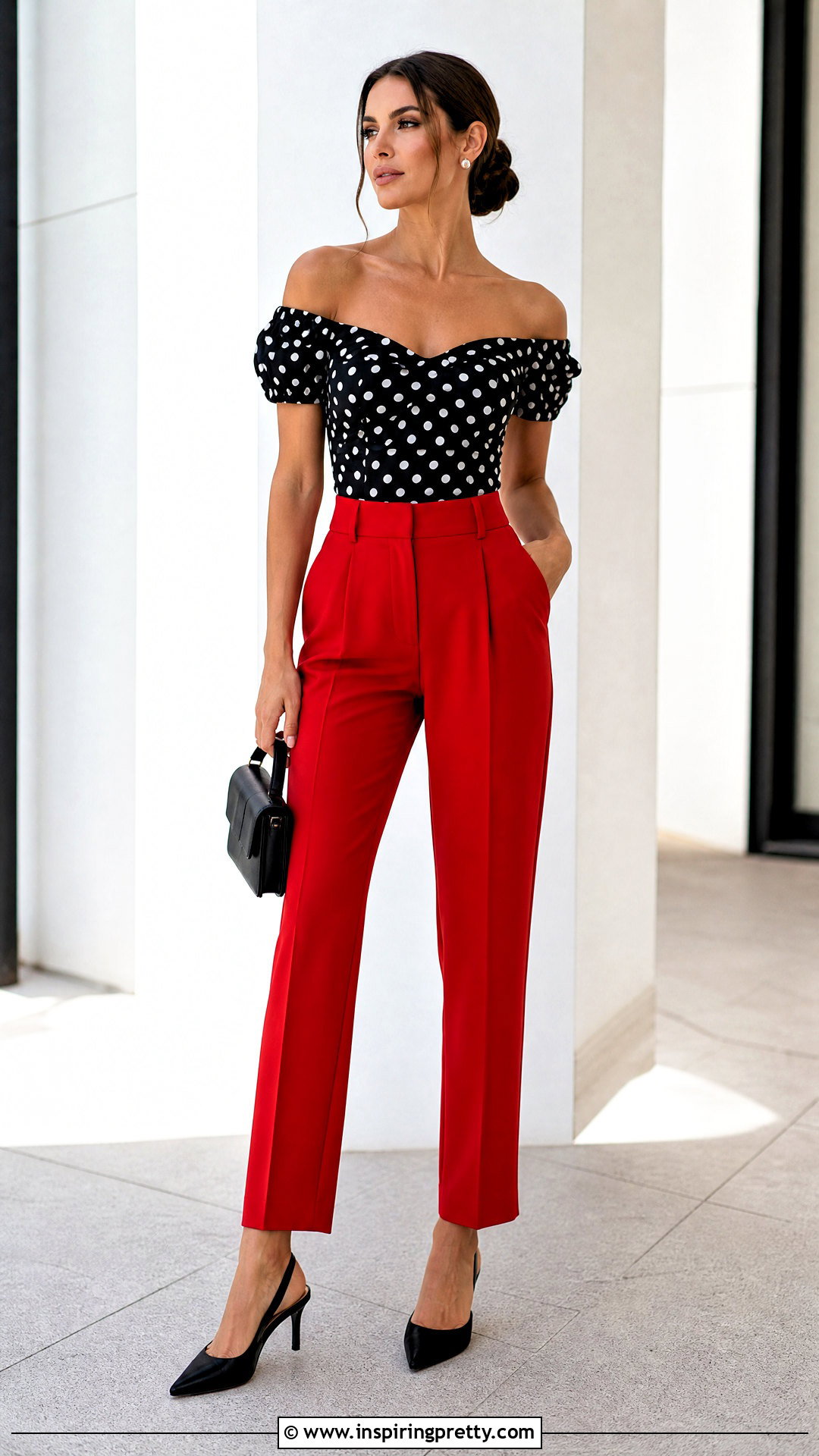 Polka Dot Off Shoulder Top With Red Pants - 50 offshoulder outfit tops outfit ideas