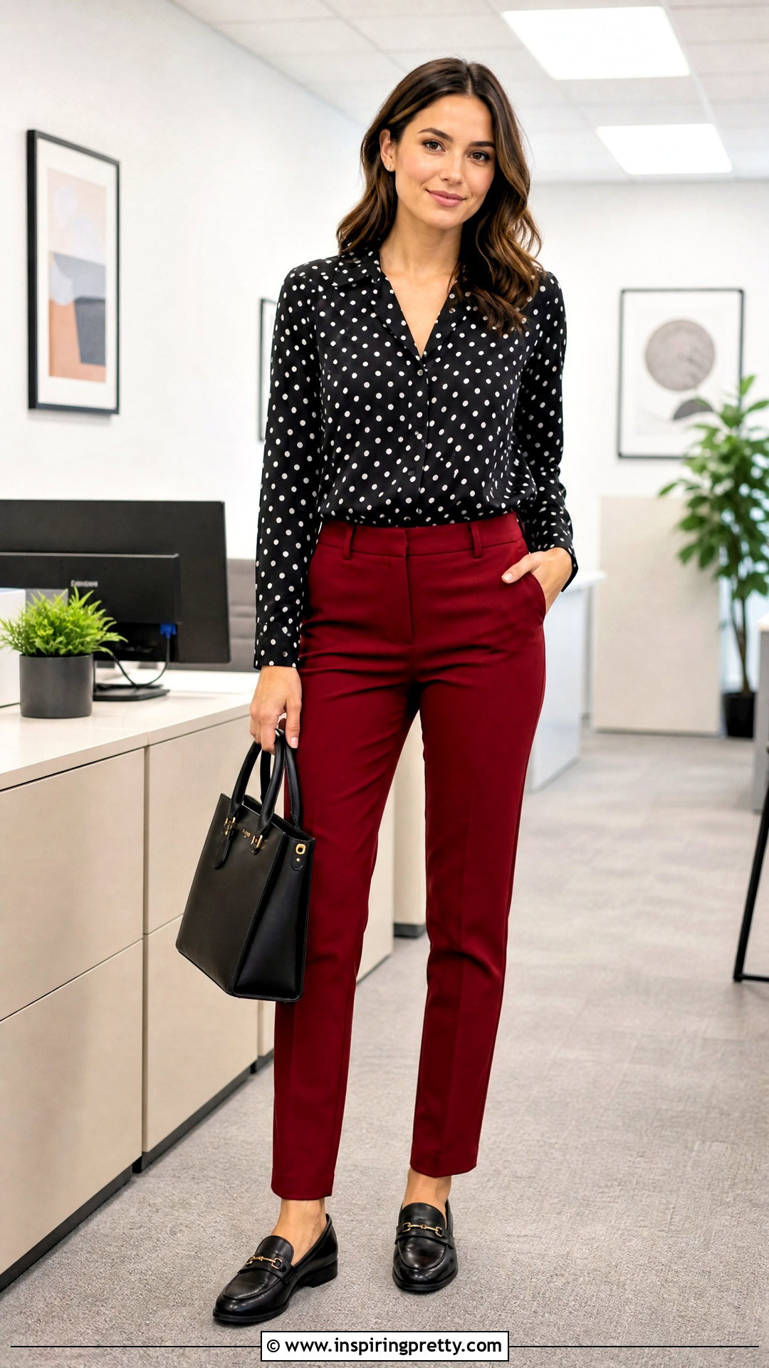 Polka Dot Office Blouse With Red Trousers - 50 office tops blouses work wear ideas