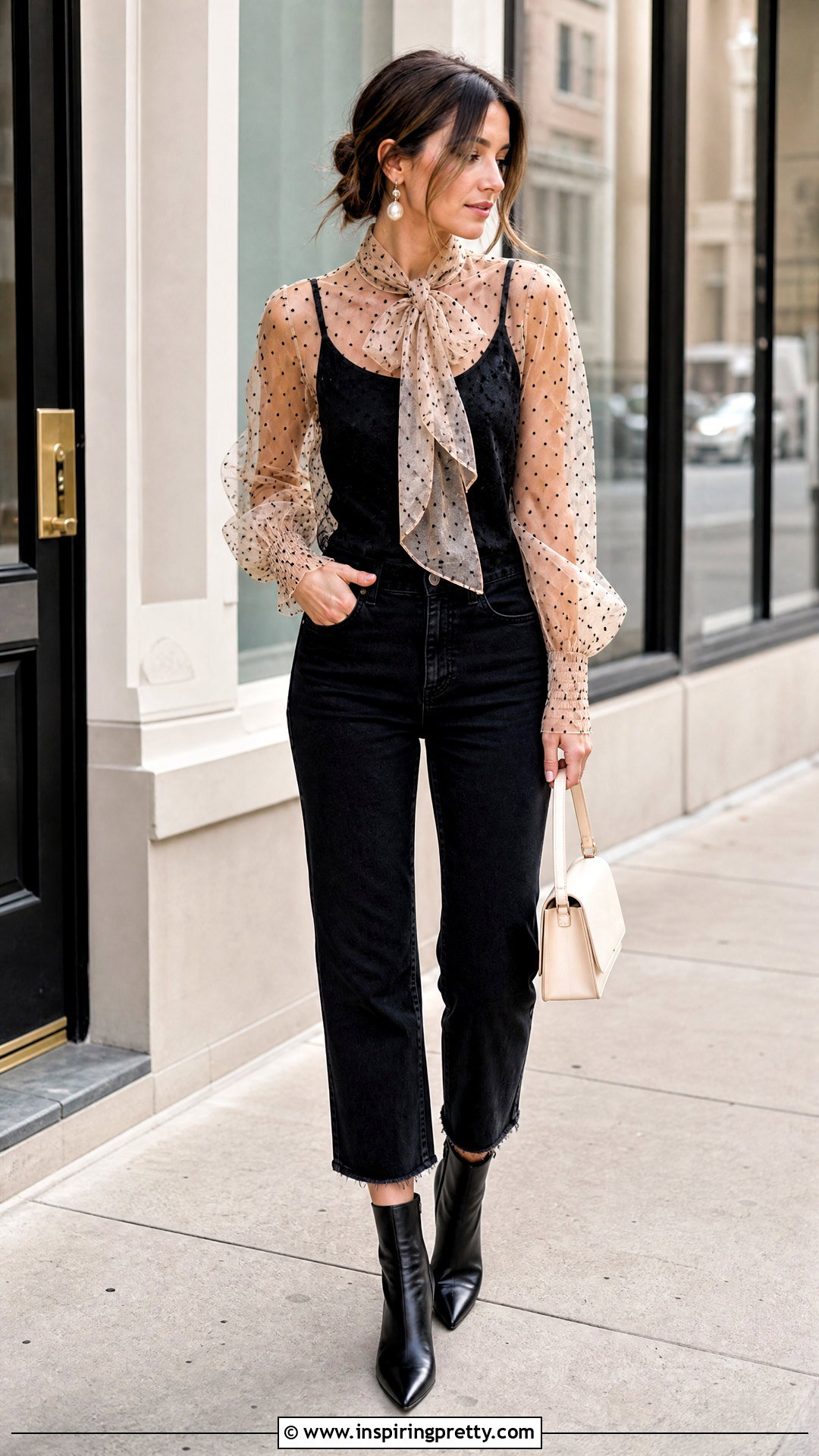Polka Dot Organza Top With Black Jeans - 50 organza tops outfit ideas