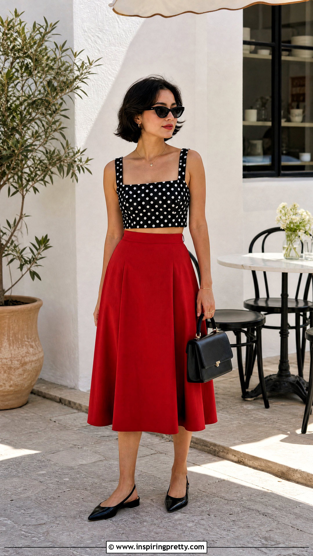 Polka Dot Patterned Crop Top With Midi Skirt - 20 Patterned Crop Top Style outfit ideas