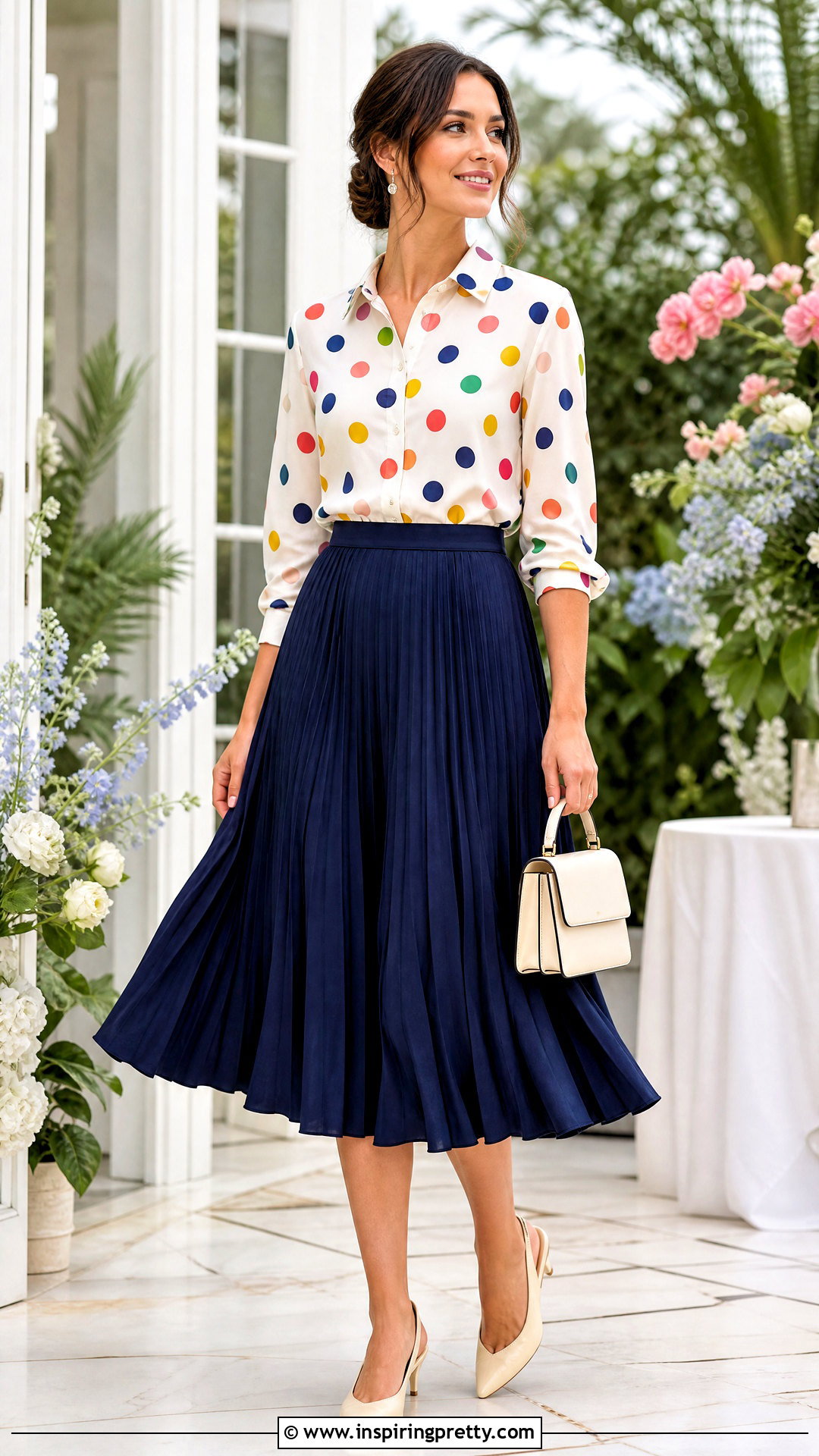 Polka Dot Patterned Top With Pleated Midi Skirt - 20 Colorful Patterned Top Outfit ideas