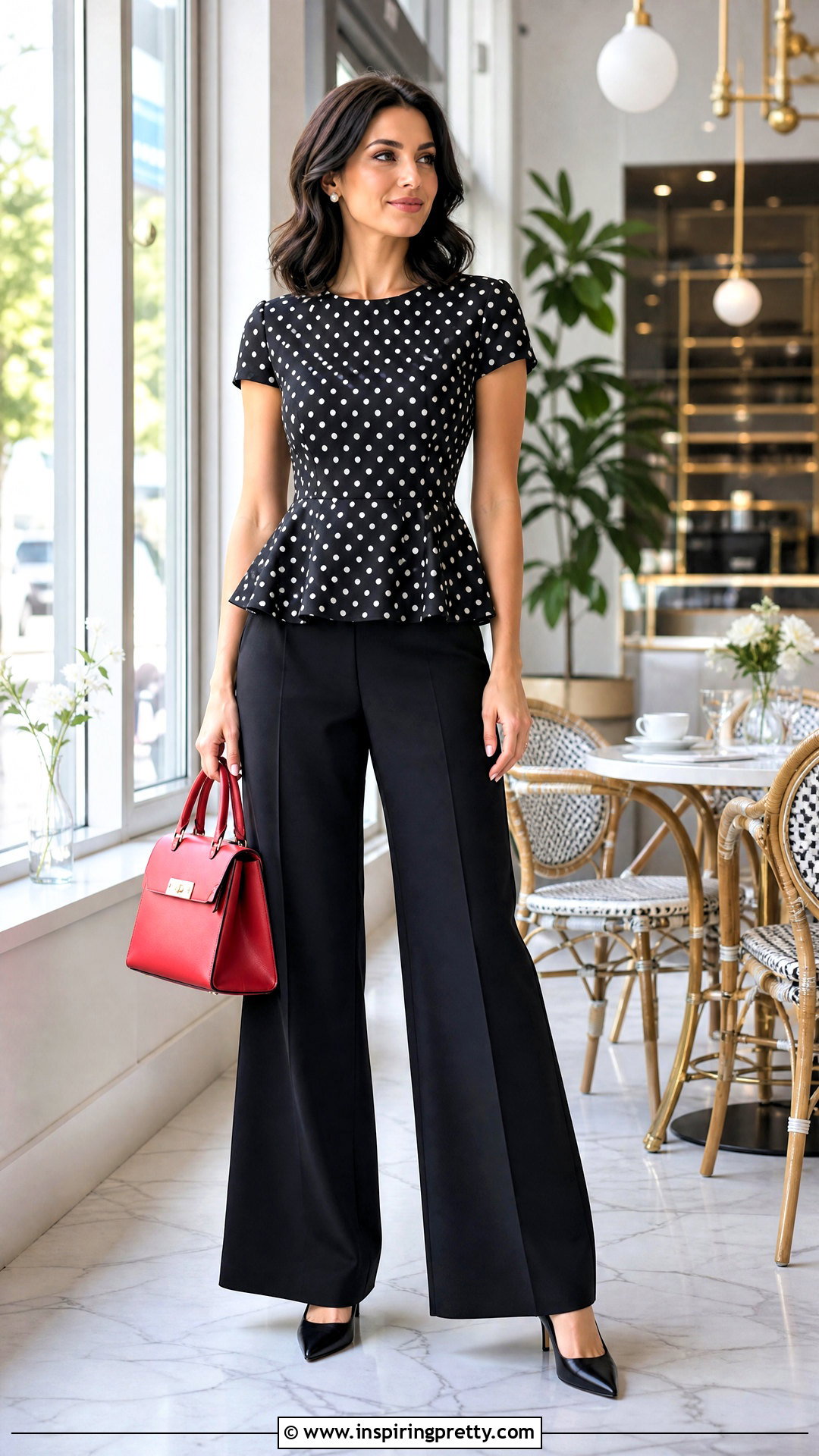 Polka Dot Peplum Top With Black Palazzo Pants - 50 peplum top with plazo outfit ideas