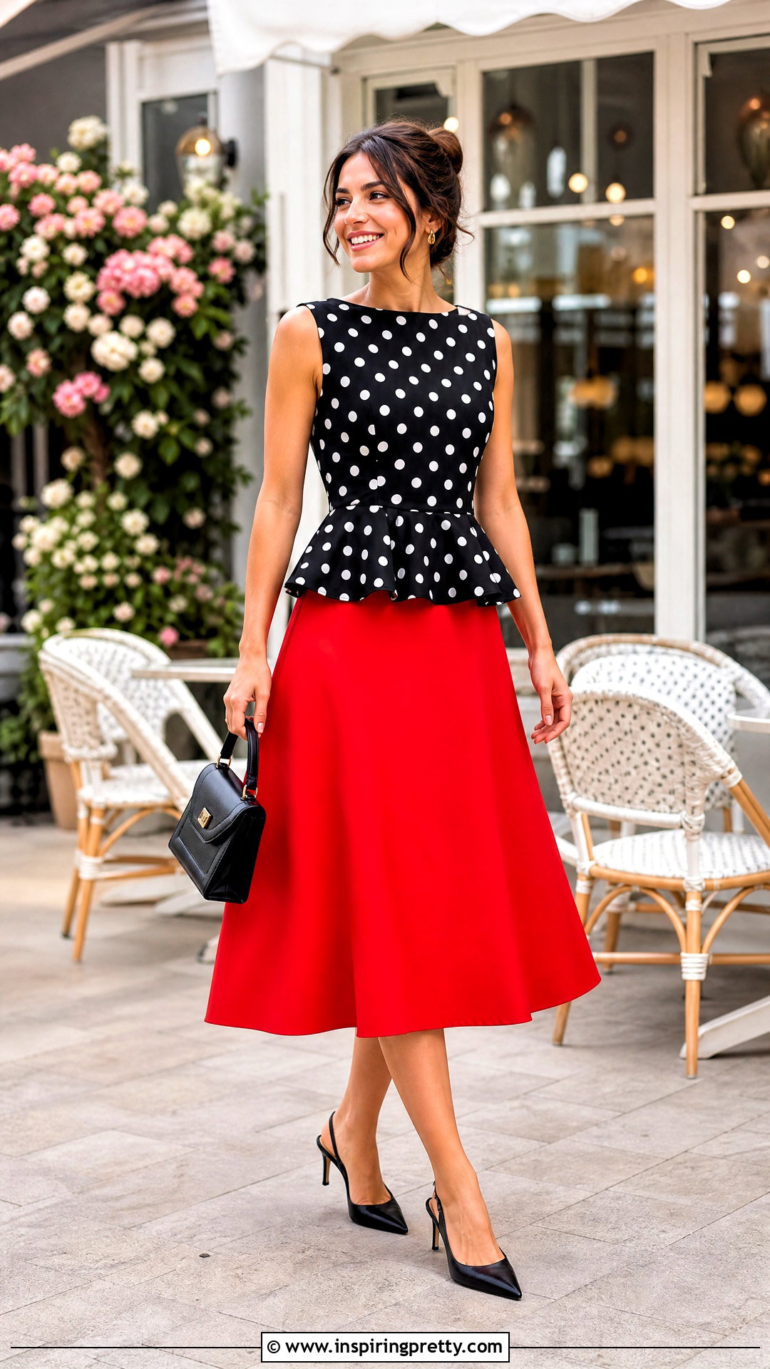 Polka Dot Peplum Top With Red A Line Skirt - 50 peplum top with skirt outfits