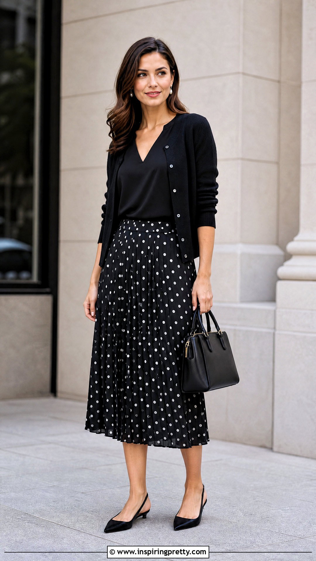 Polka Dot Pleated Skirt With Black Blouse - 50 pleated skirt and top outfit ideas