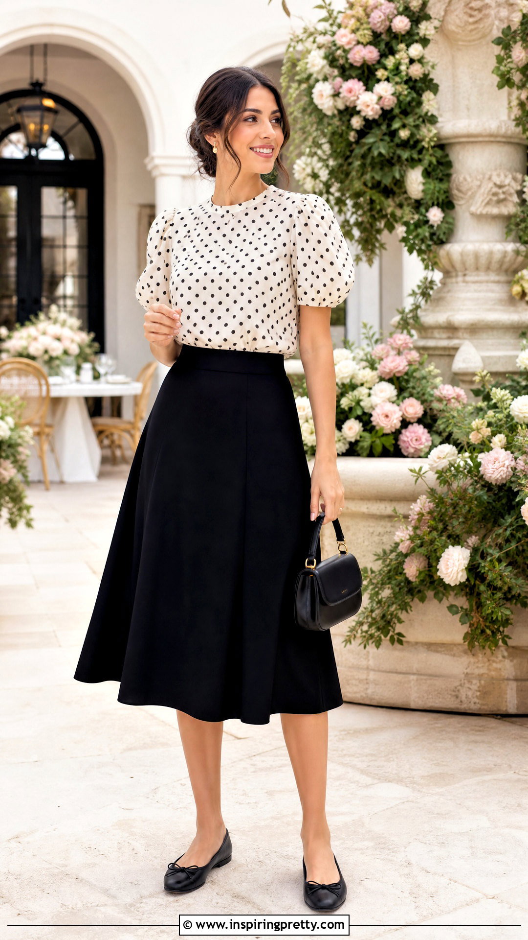 Polka Dot Puff Sleeve Top With A Line Skirt - 50 polka dots top outfit ideas