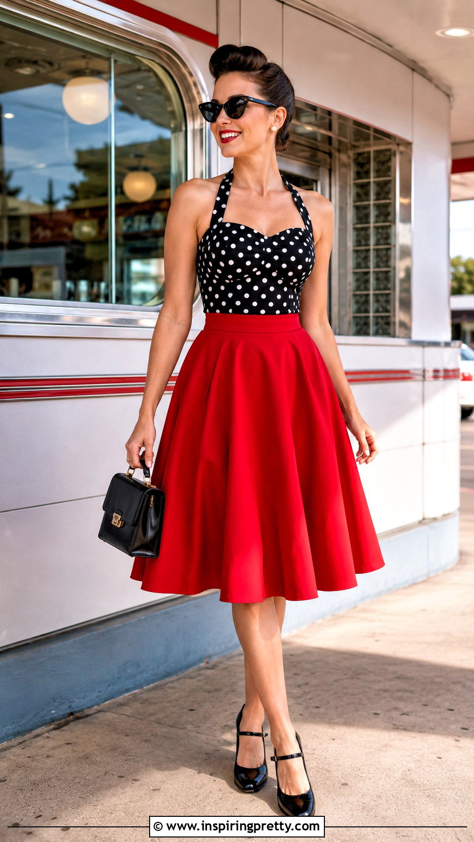 Polka Dot Rockabilly Halter Top With Red Circle Skirt - 20 rockabilly halter top outfit ideas