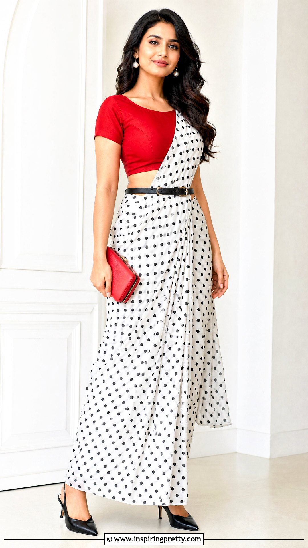Polka Dot Saree With Red Crop Top - 50 saree with crop top outfit ideas