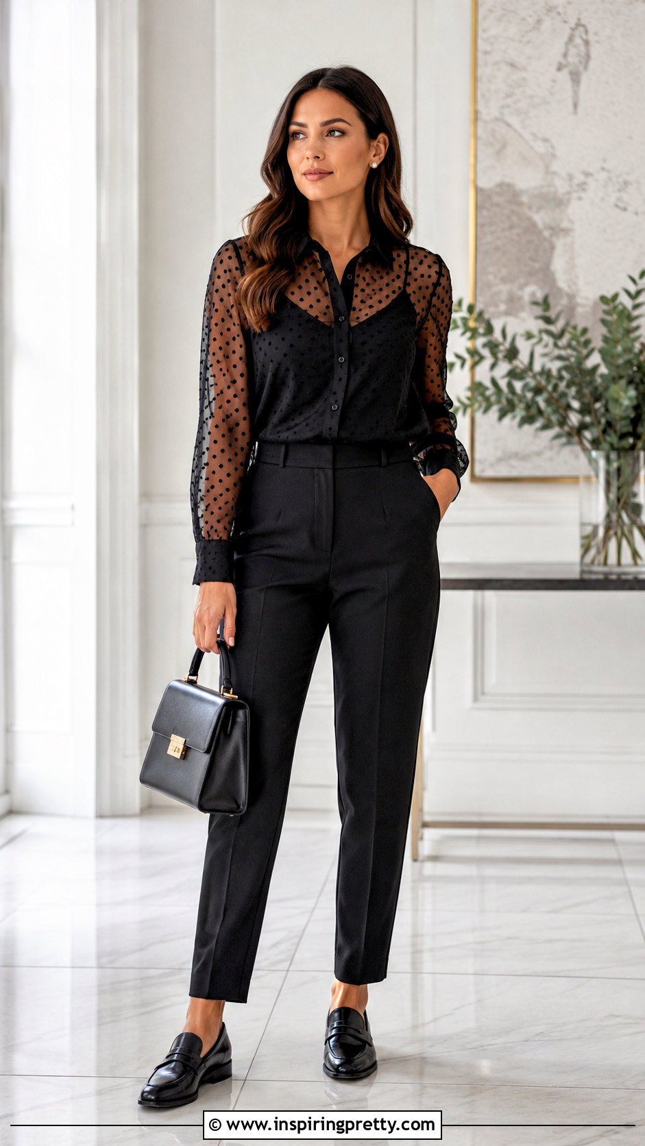 Polka Dot Sheer Blouse With Black Pants - 50 sheer top outfit classy ideas