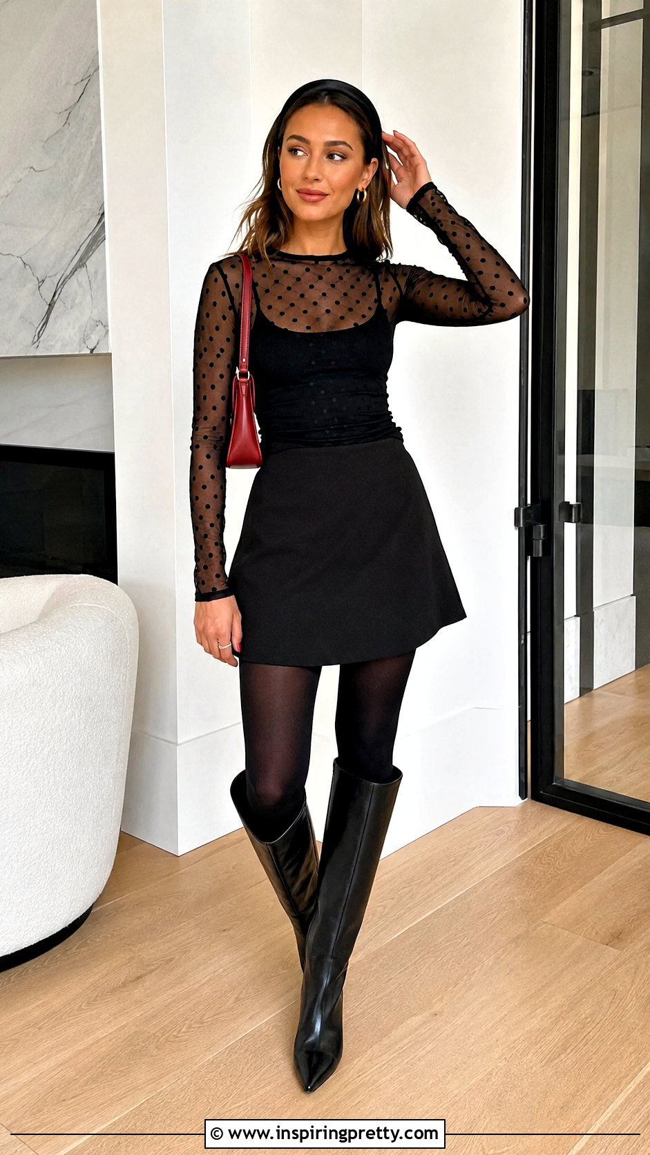 Polka Dot Sheer Long Sleeve Top With Mini Skirt - 50 sheer long sleeve top outfit ideas