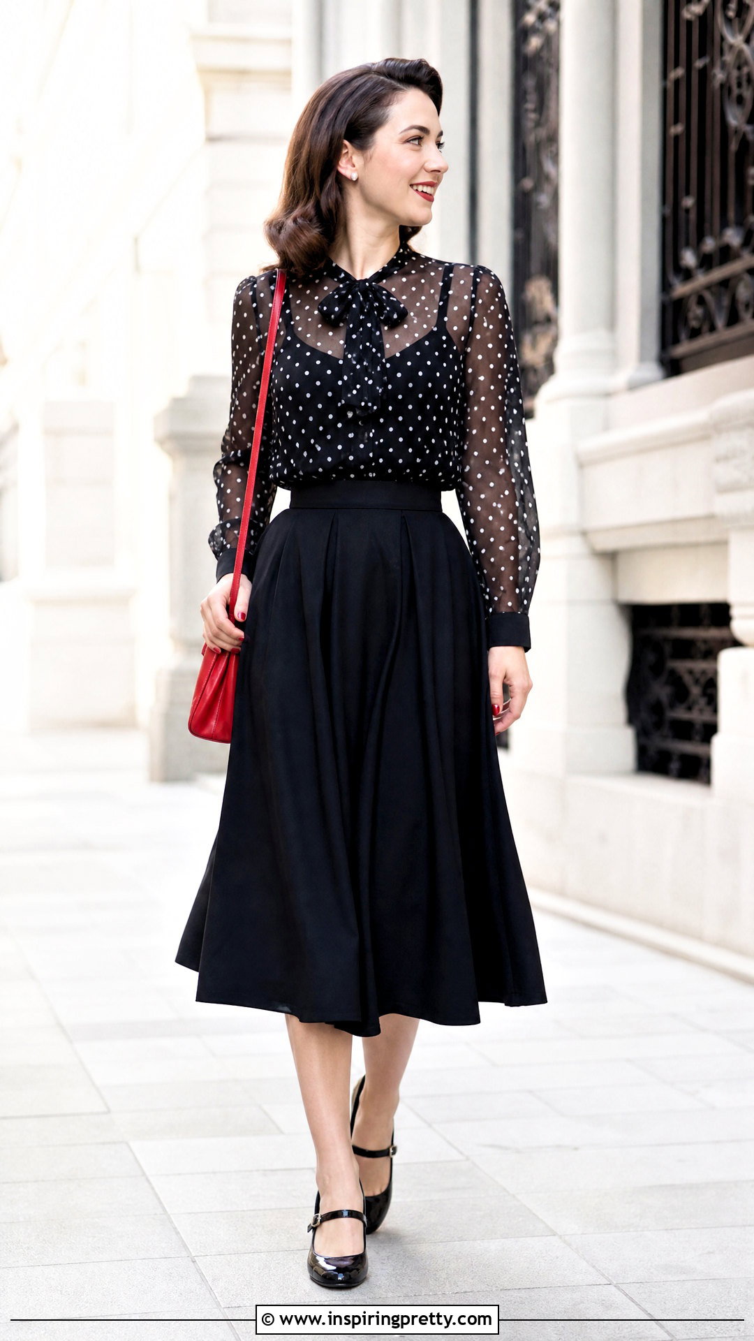 Polka Dot Shein Sheer Top With Black Skirt - 20 Shein Sheer Top outfit ideas