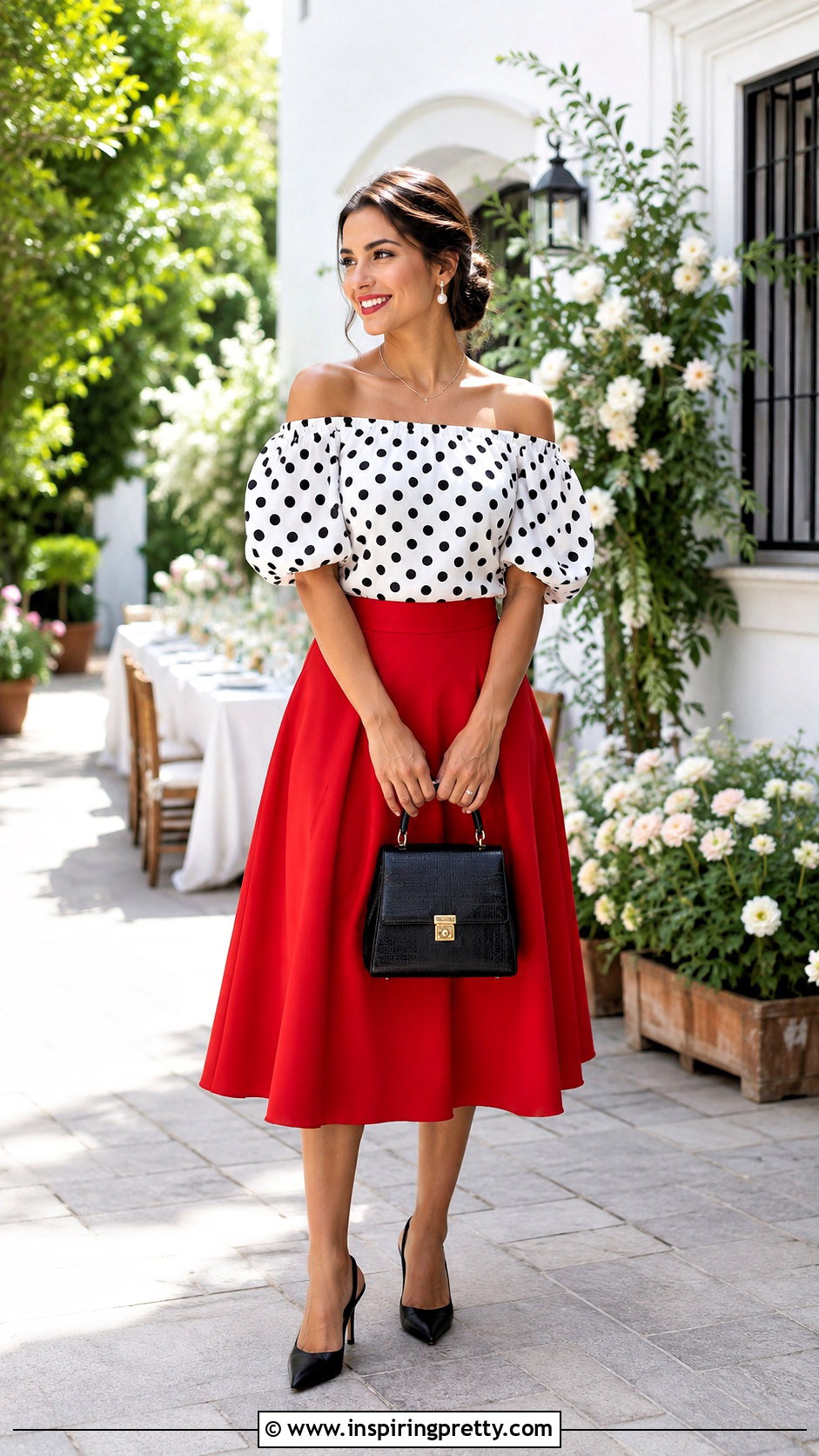 Polka Dot Shoulderless Top With Red Skirt - 50 shoulderless top outfit ideas