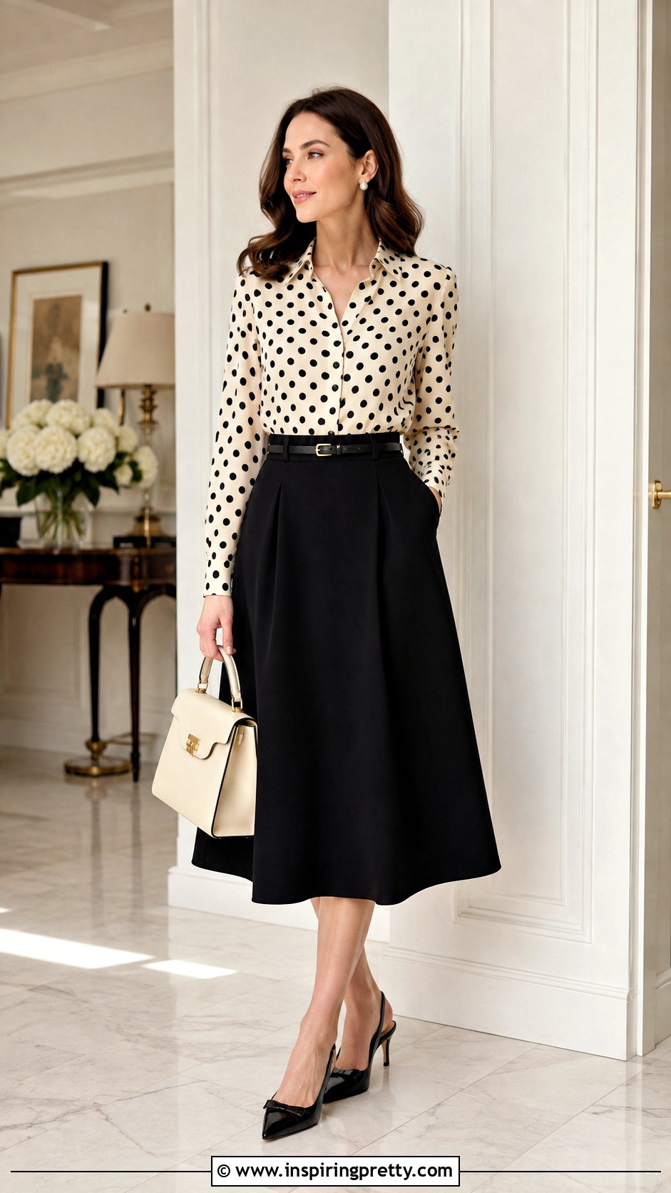Polka Dot Silk Top With Midi Skirt - 50 silk top outfit classy ideas