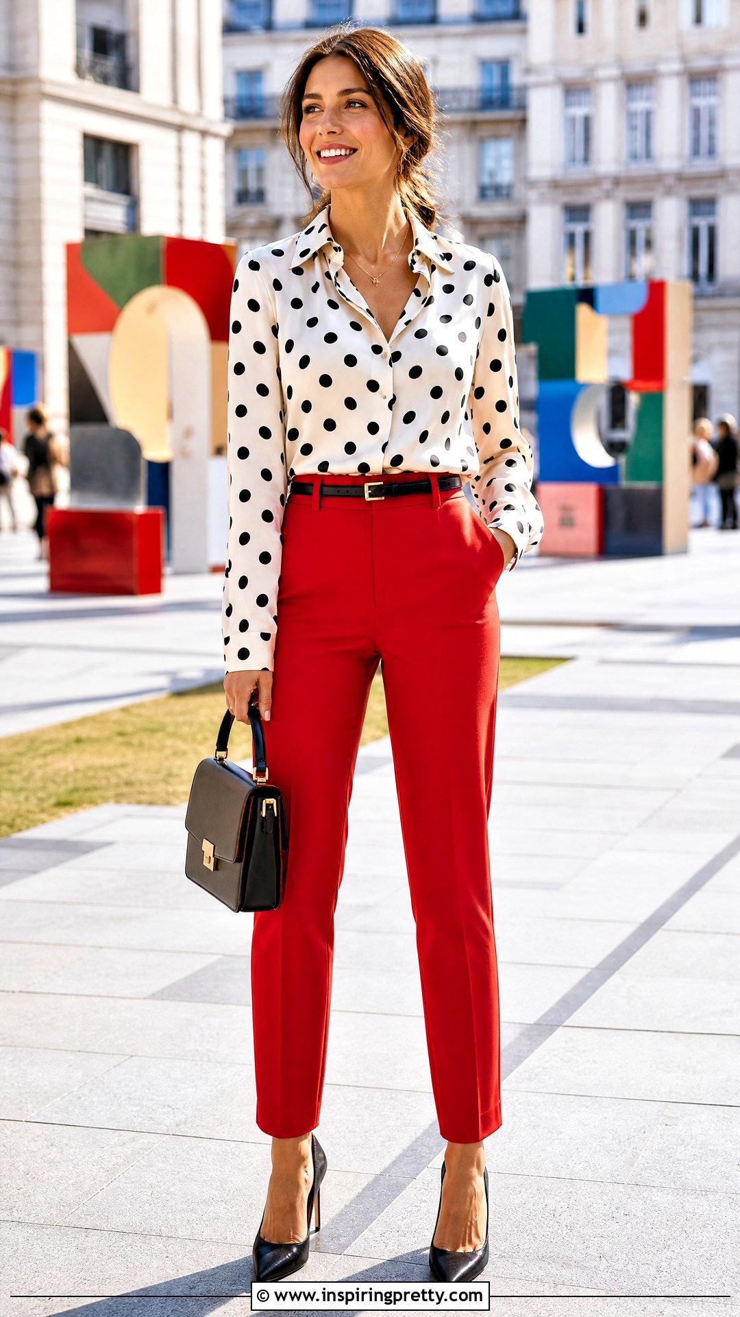 Polka Dot Silk Top With Red Trousers - 50 silk tops outfit ideas