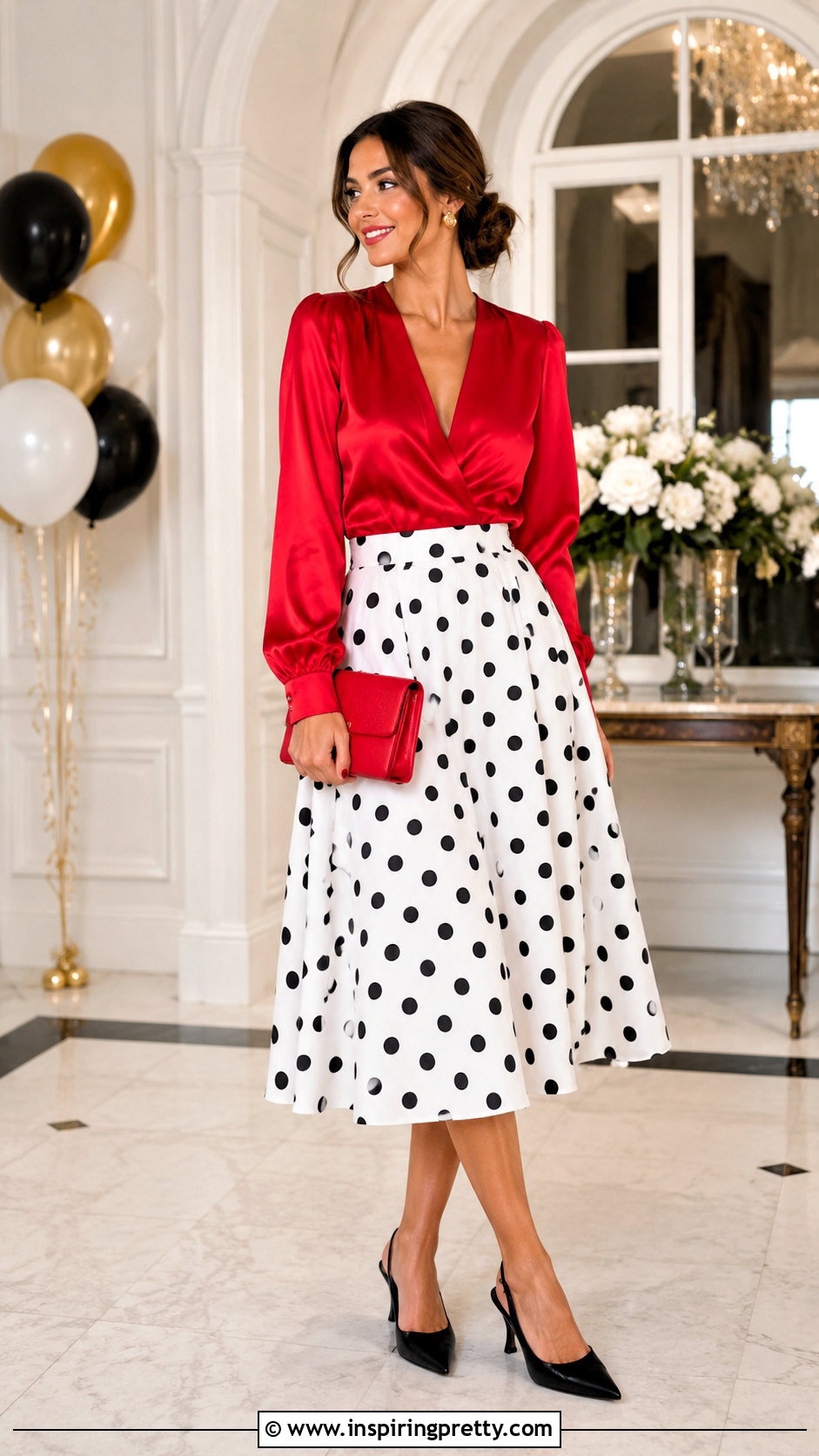 Polka Dot Skirt And Red Satin Top Party Outfit - 50 skirt and top party wear outfits