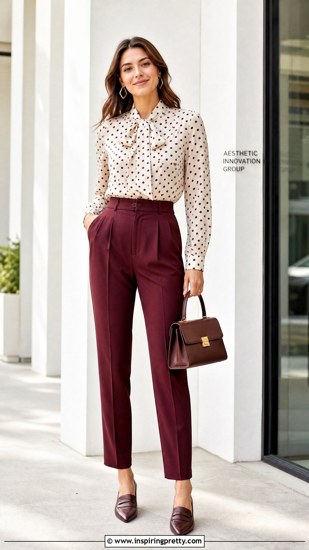 Polka Dot Tie Neck Top With Trousers - 50 whimsical tops outfit ideas