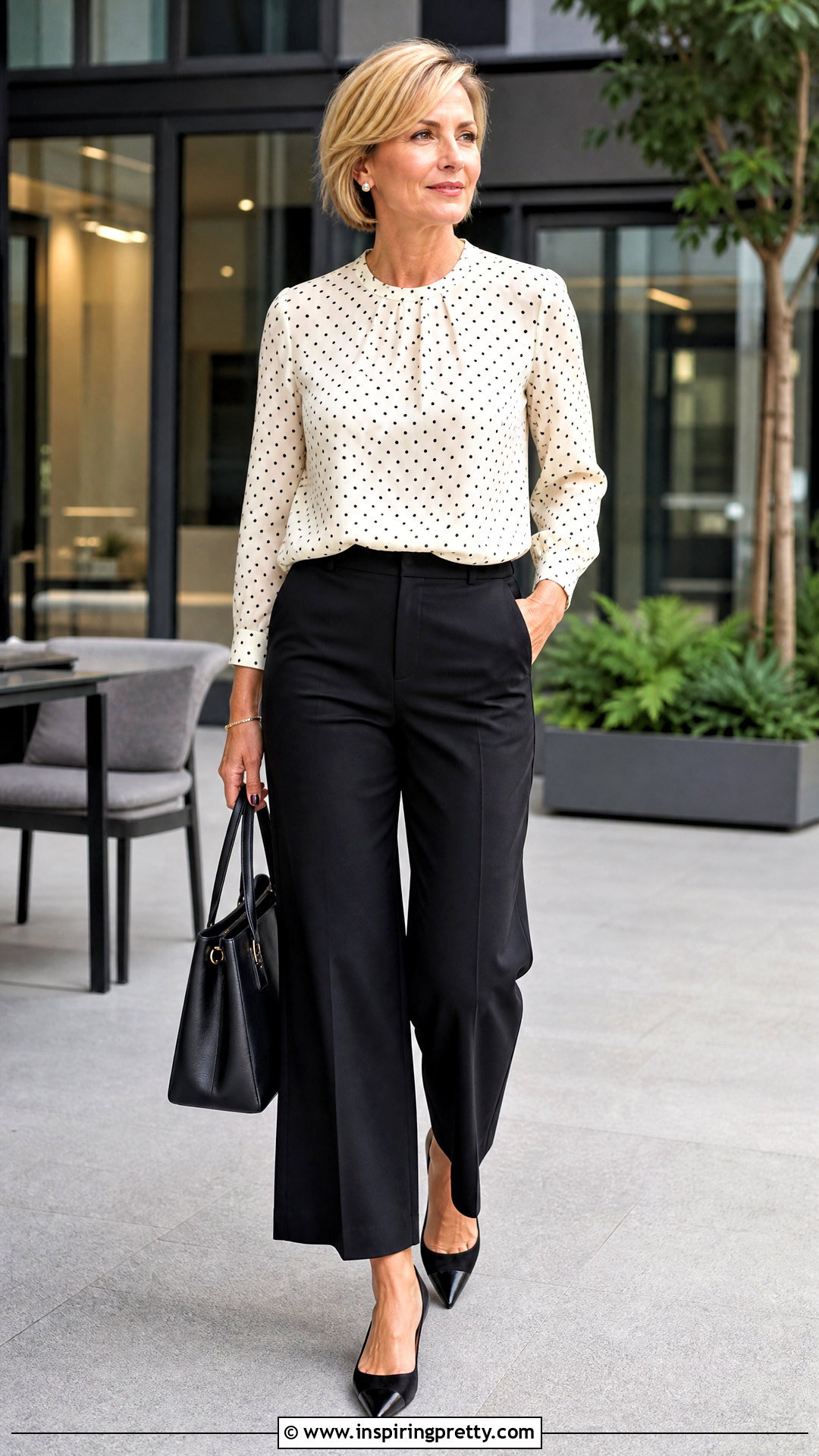 Polka Dot Top And Black Trousers Outfit - 50 summer tops outfits