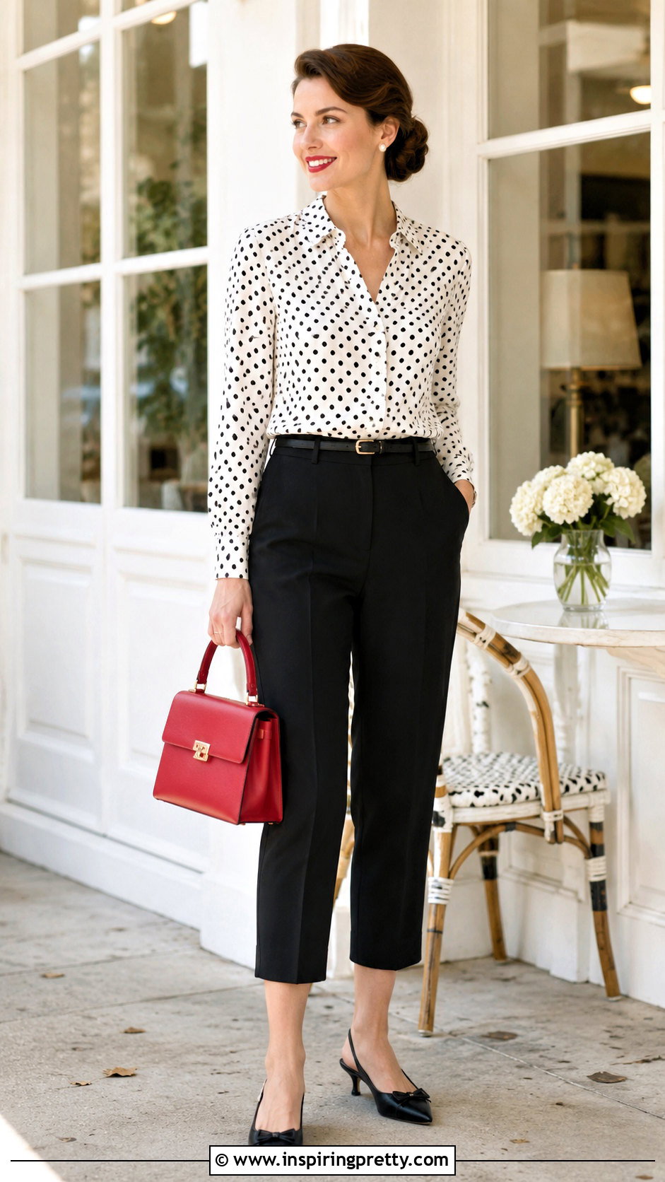 Polka Dot Top And Cropped Trousers Outfit - 50 pretty top outfit ideas