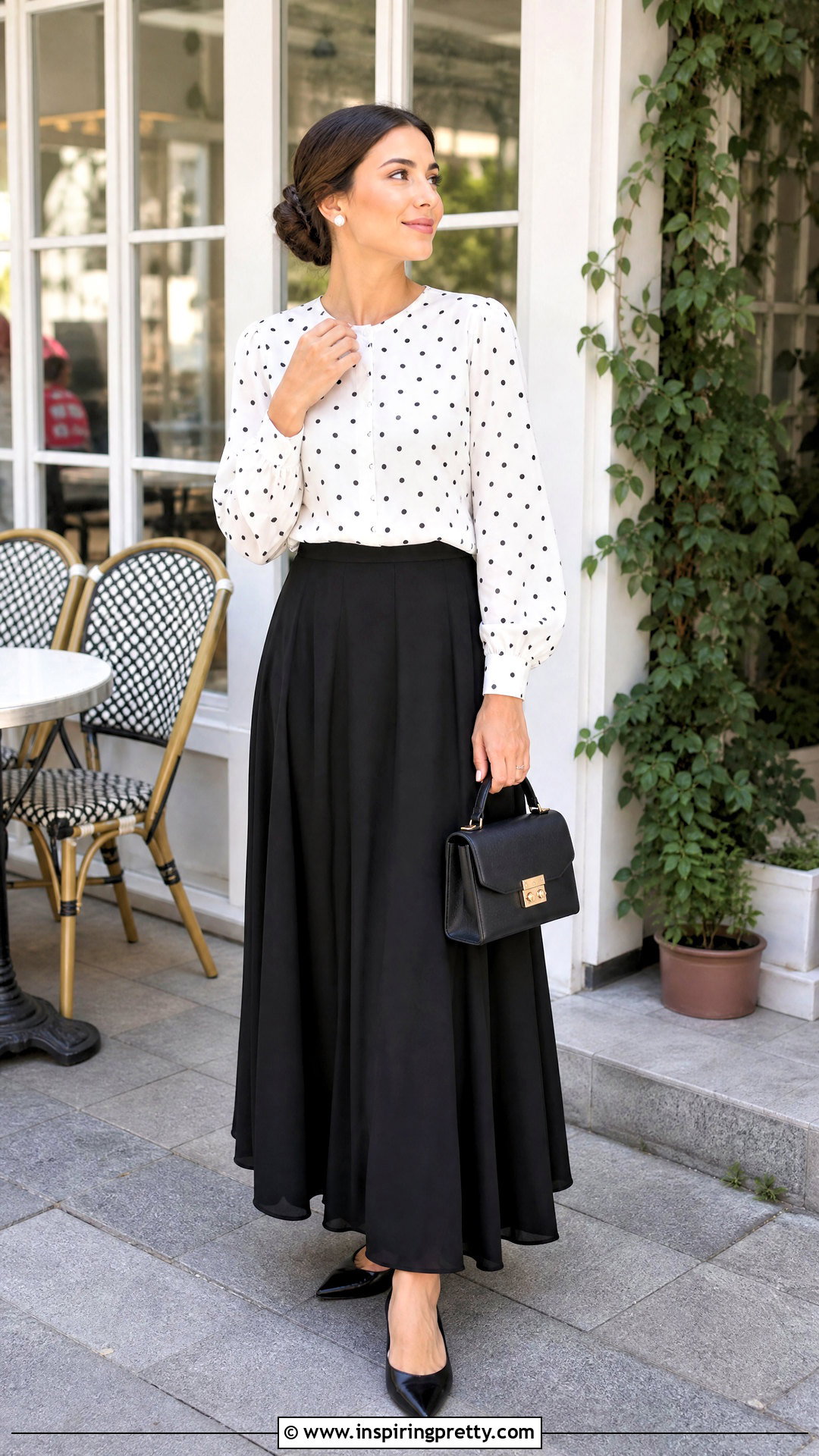 Polka Dot Top With Black Maxi Skirt - 50 modest summer tops outfit ideas