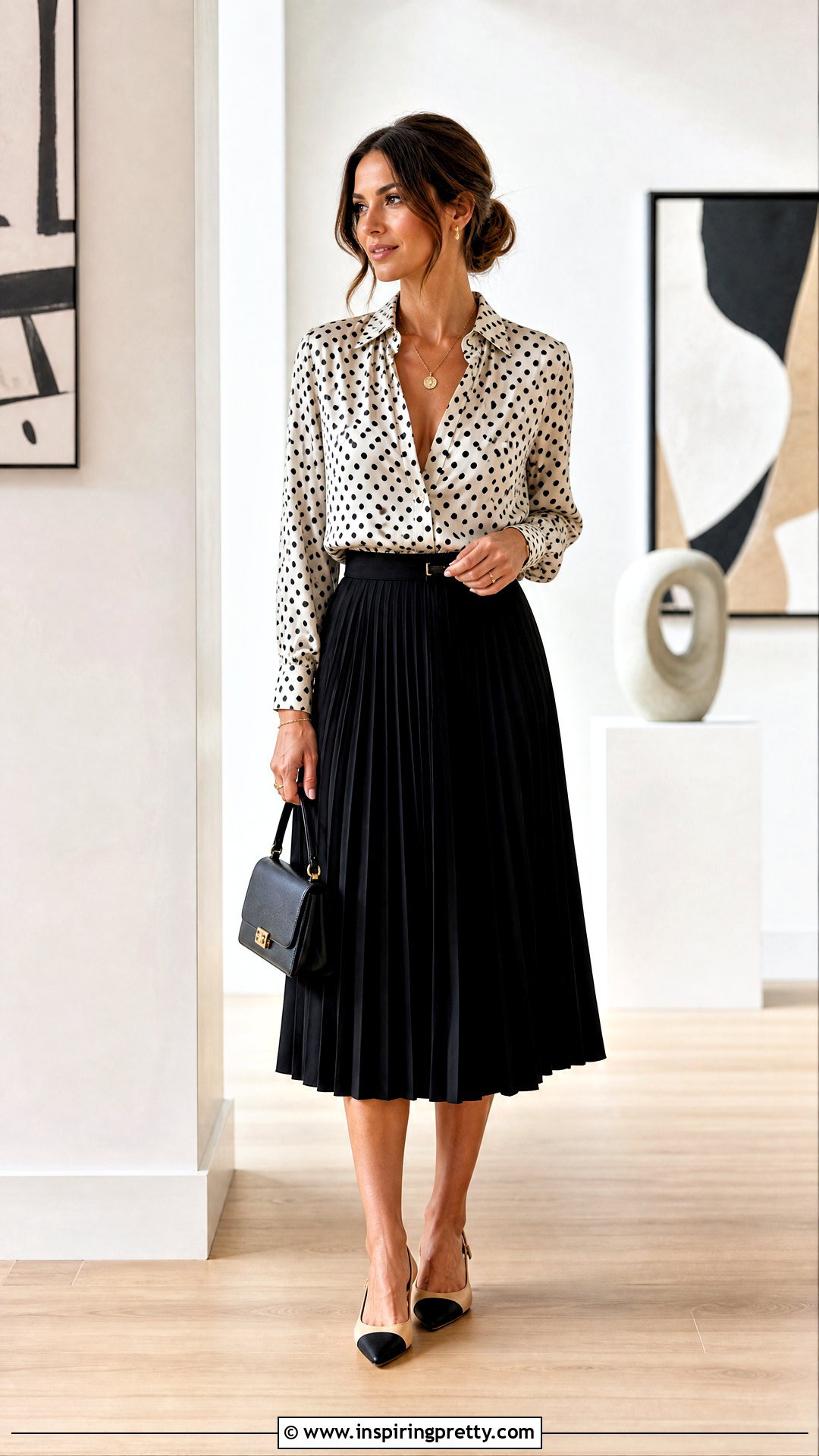 Polka Dot Top With Black Midi Skirt - 50 polka dots top outfit ideas