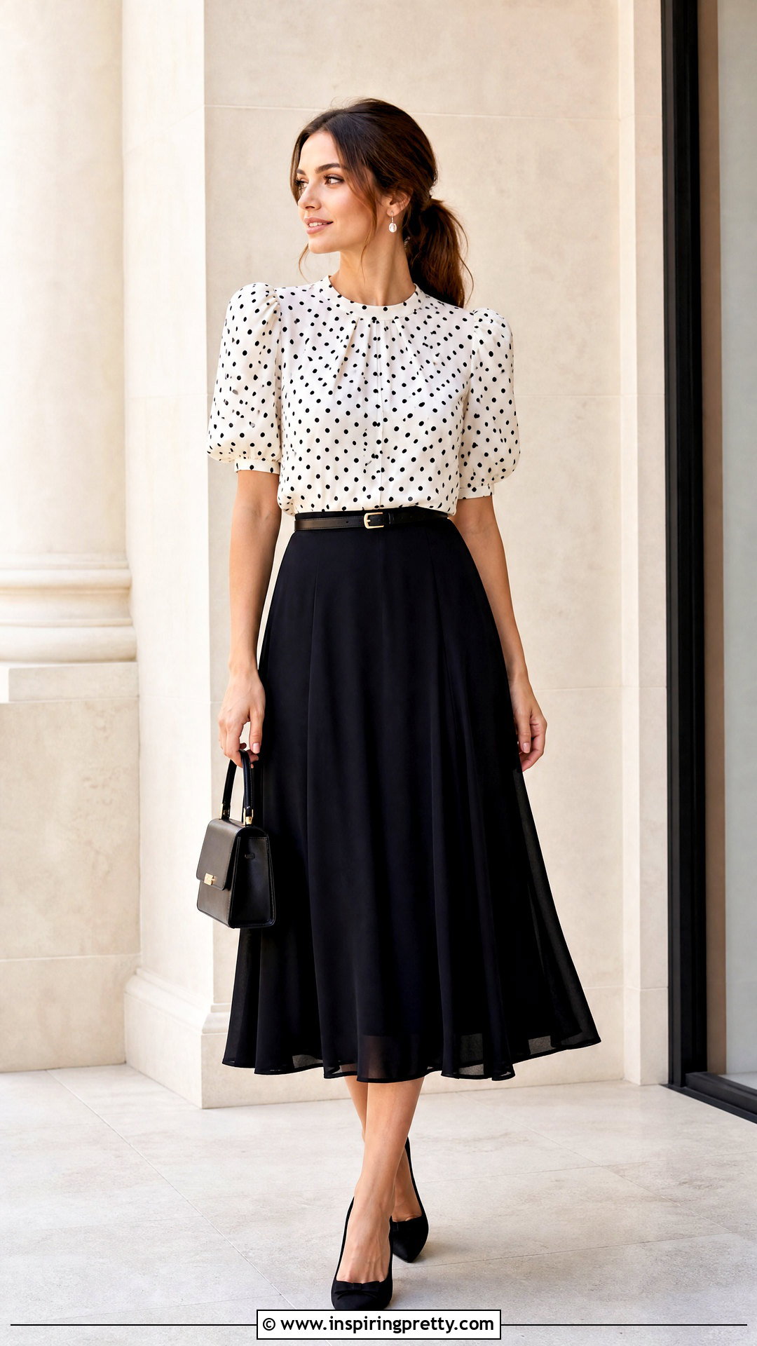 Polka Dot Top With Black Midi Skirt - 50 polka dot top outfit ideas